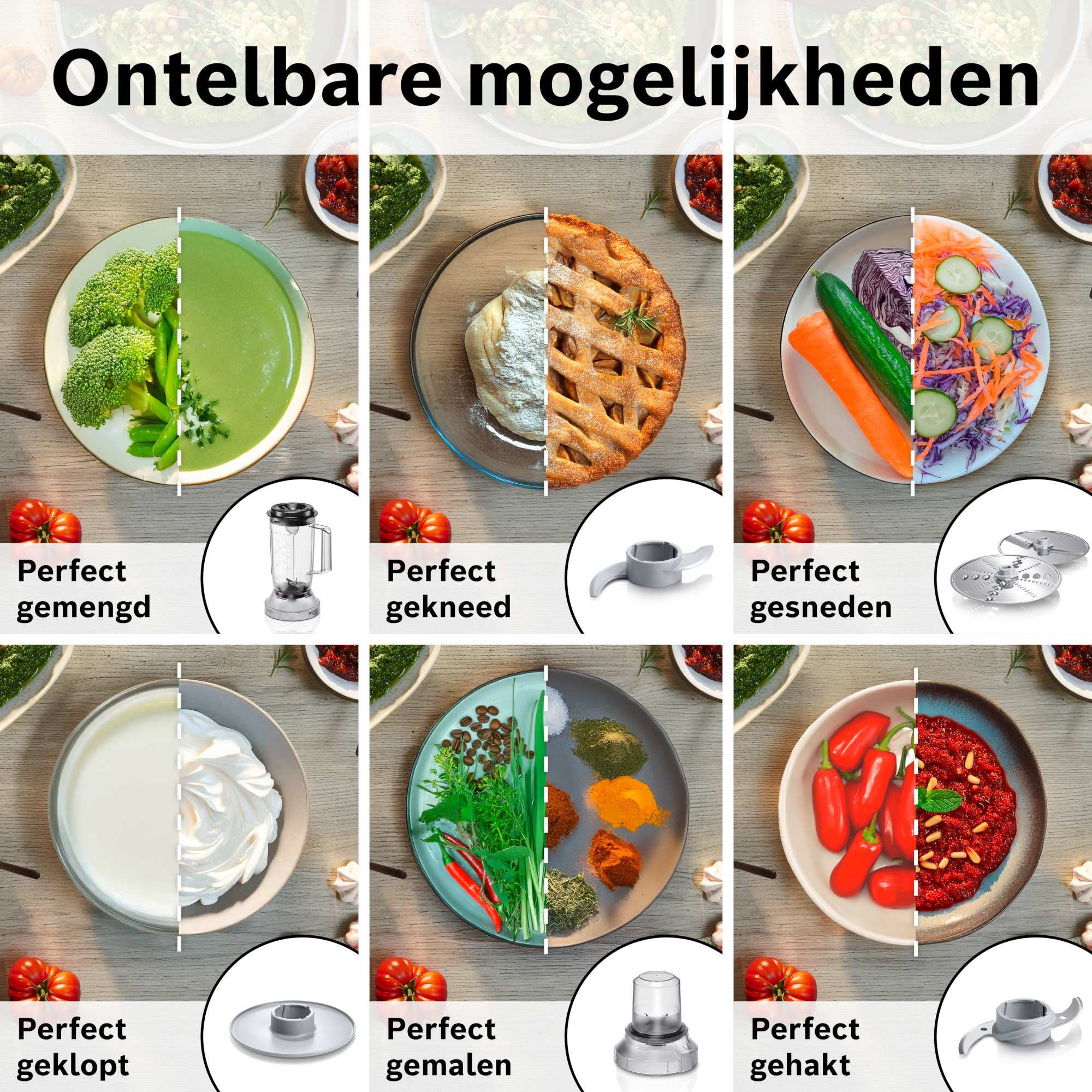 Afbeelding toont voedselbereiding. Broccoli, taart en salade. Blender, mes en keukenmachine onderdelen. 'Perfect' bij elk.