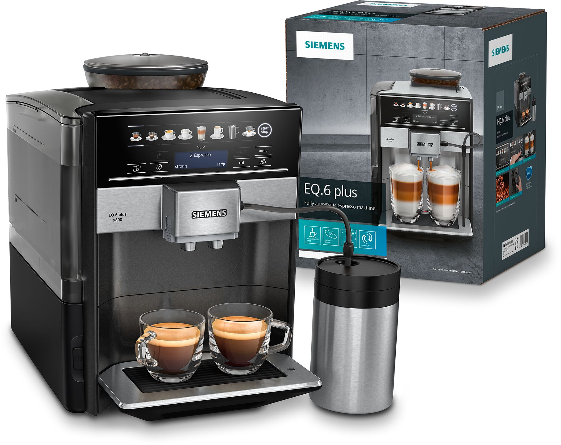 Een Siemens EQ.6 plus espressomachine met twee kopjes koffie, een doos en een thermoskan. De machine heeft een digitaal display.
