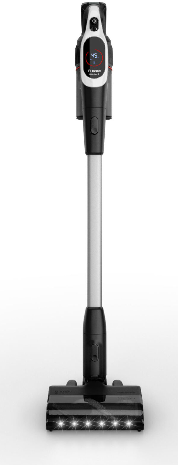 A black and silver cordless vacuum cleaner. It has a digital display showing 45. The base has bright LED lights.