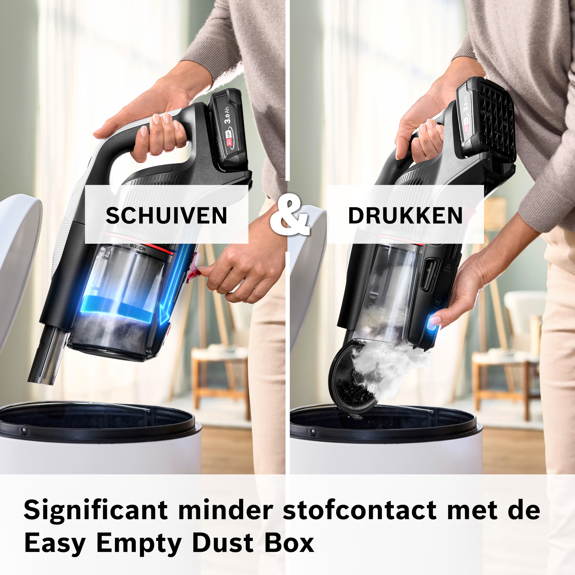 Image shows a vacuum cleaner being emptied. The left shows sliding open, the right shows pressing to empty into a bin.