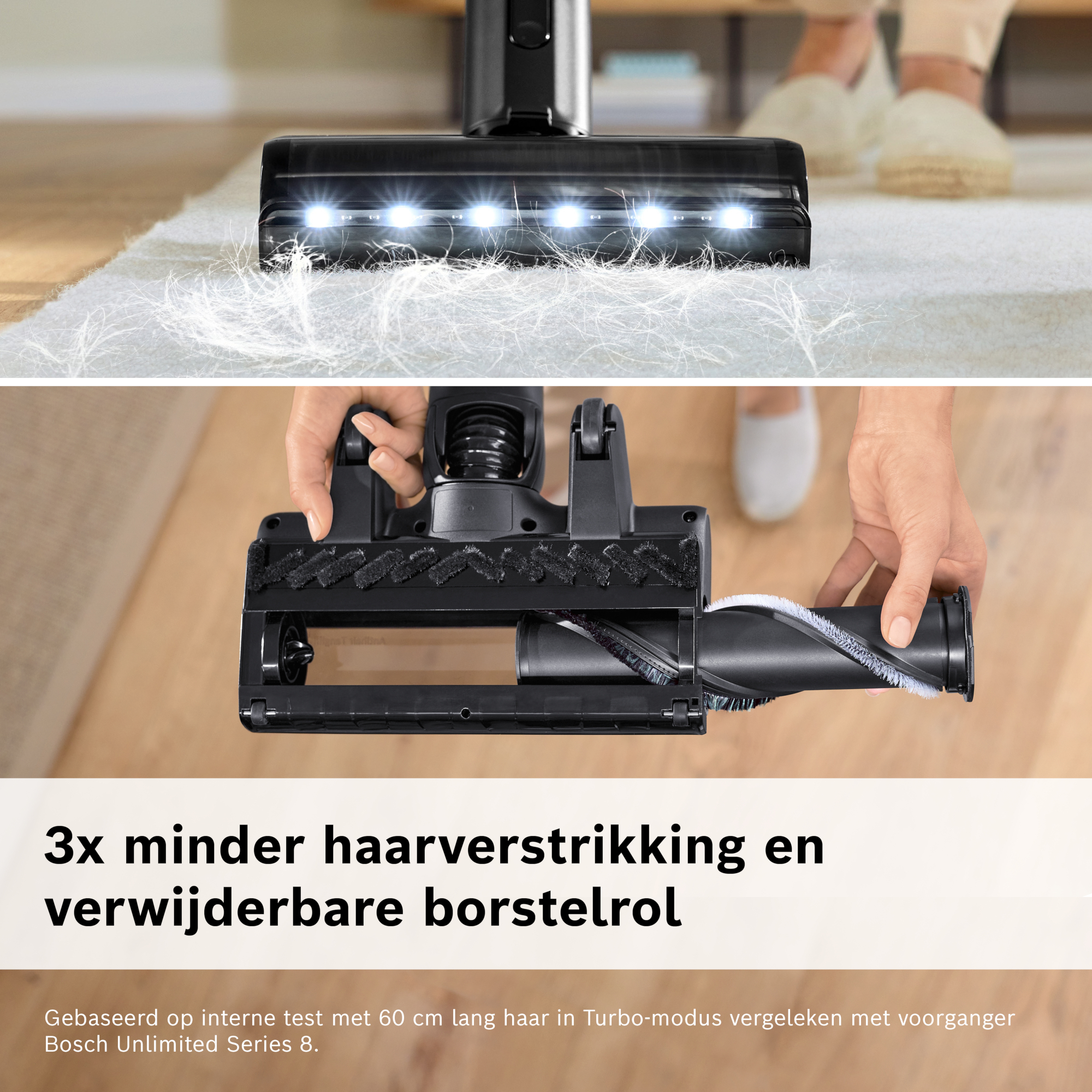 A vacuum cleaner head cleans a white carpet. A person's hands are holding the brush roll. Text says '3x less hair'.