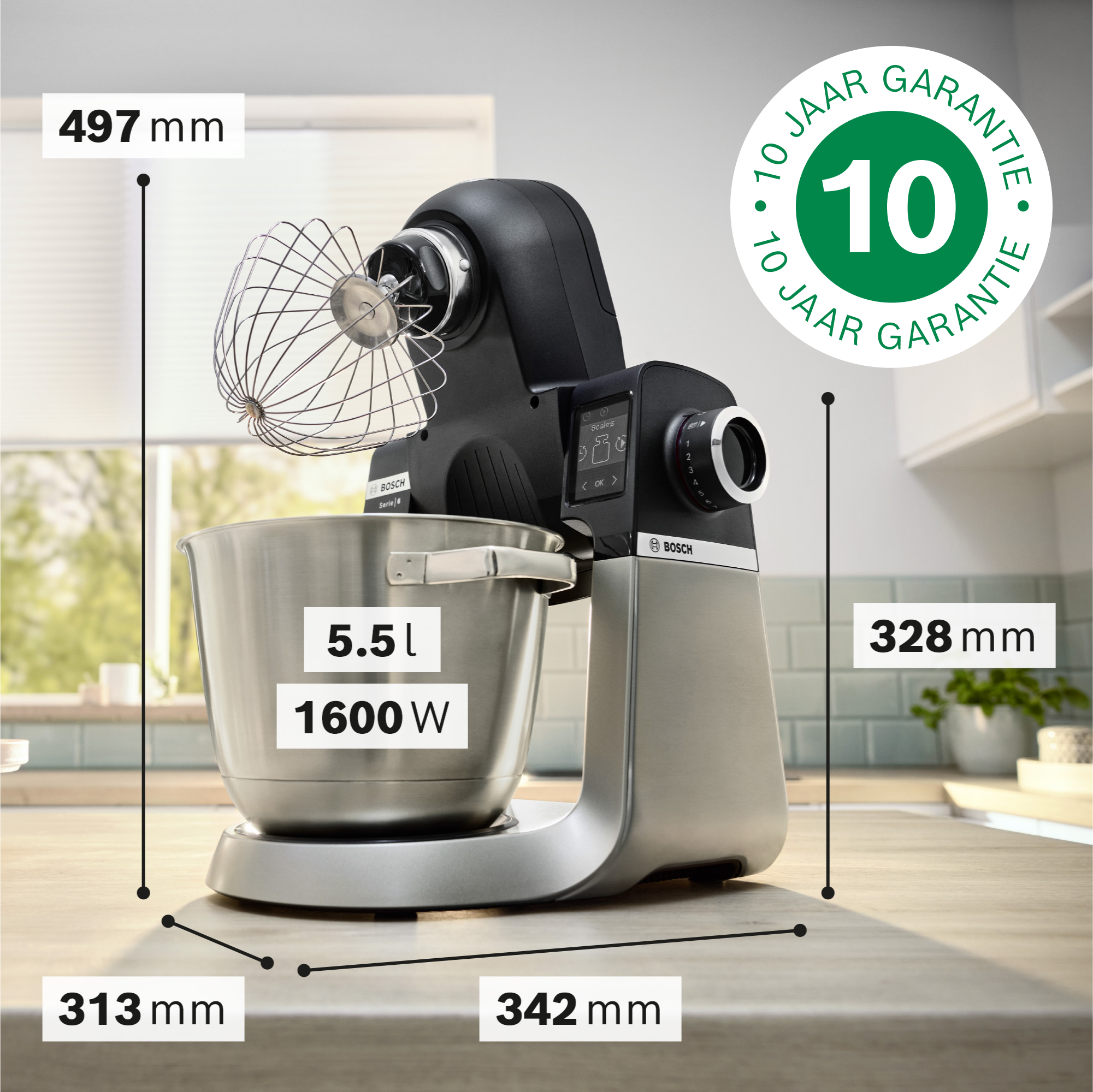 Een Bosch keukenmachine met garde en kom. Toont afmetingen en 10 jaar garantie.