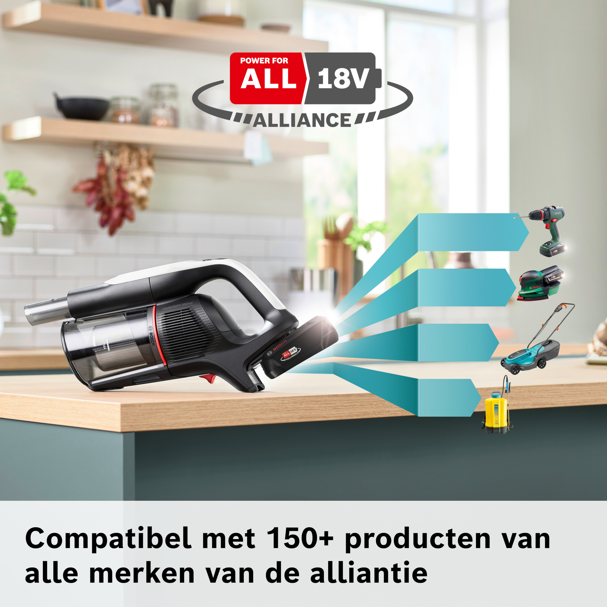 Cordless vacuum cleaner with 18V battery. The image shows other tools that are compatible with the battery.