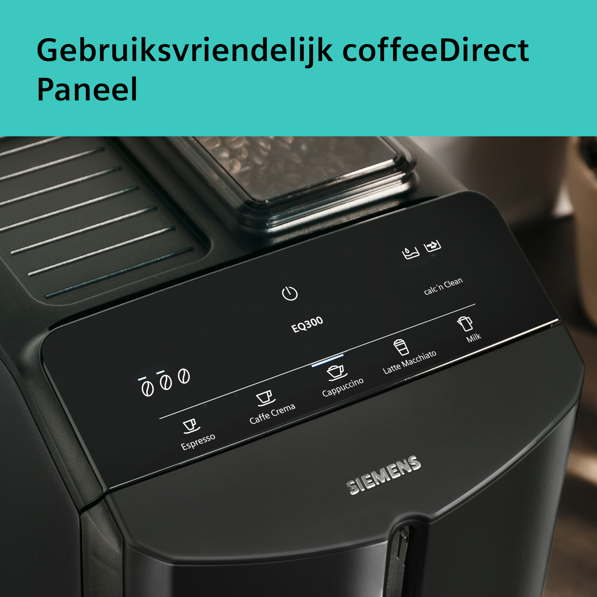 Zwart bedieningspaneel van een Siemens koffiemachine. Knoppen voor espresso, cappuccino, latte, melk en reiniging.