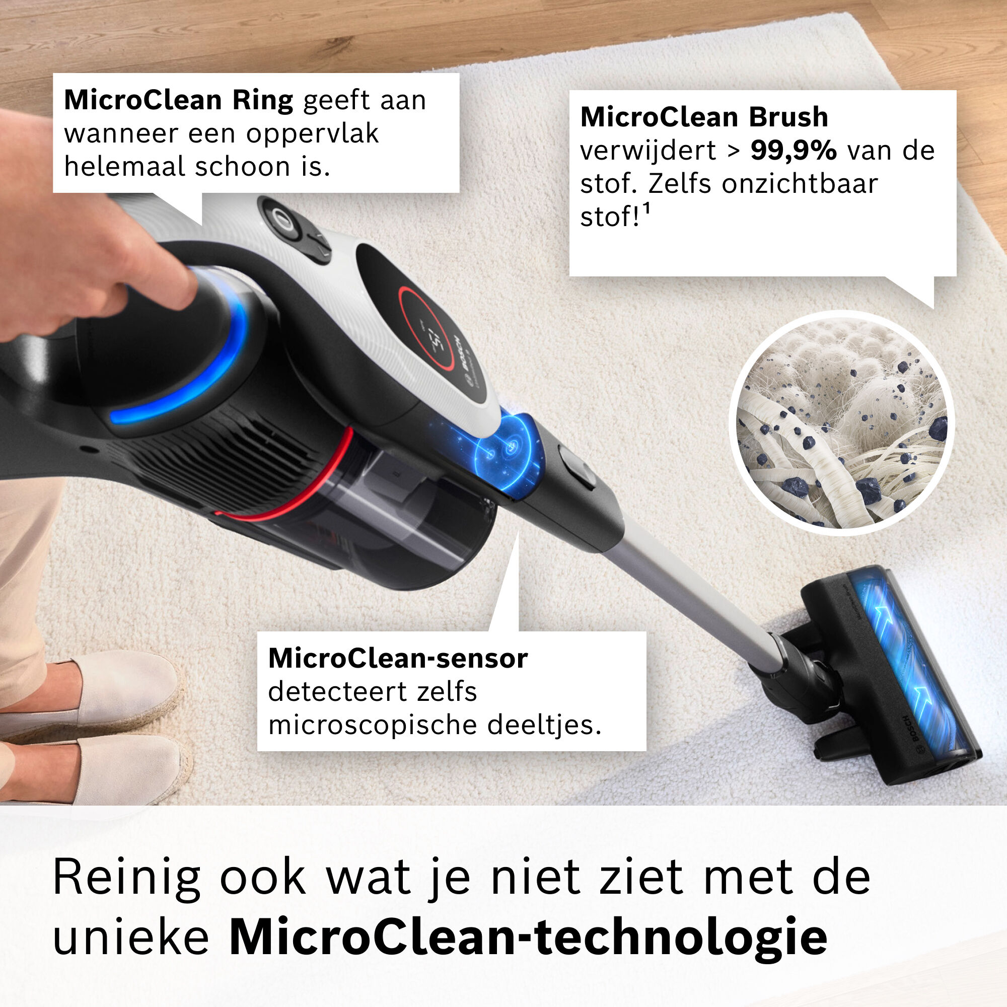 Vacuum cleaner on a white carpet. Texts describe its features: MicroClean Ring, Brush, sensor, and technology.