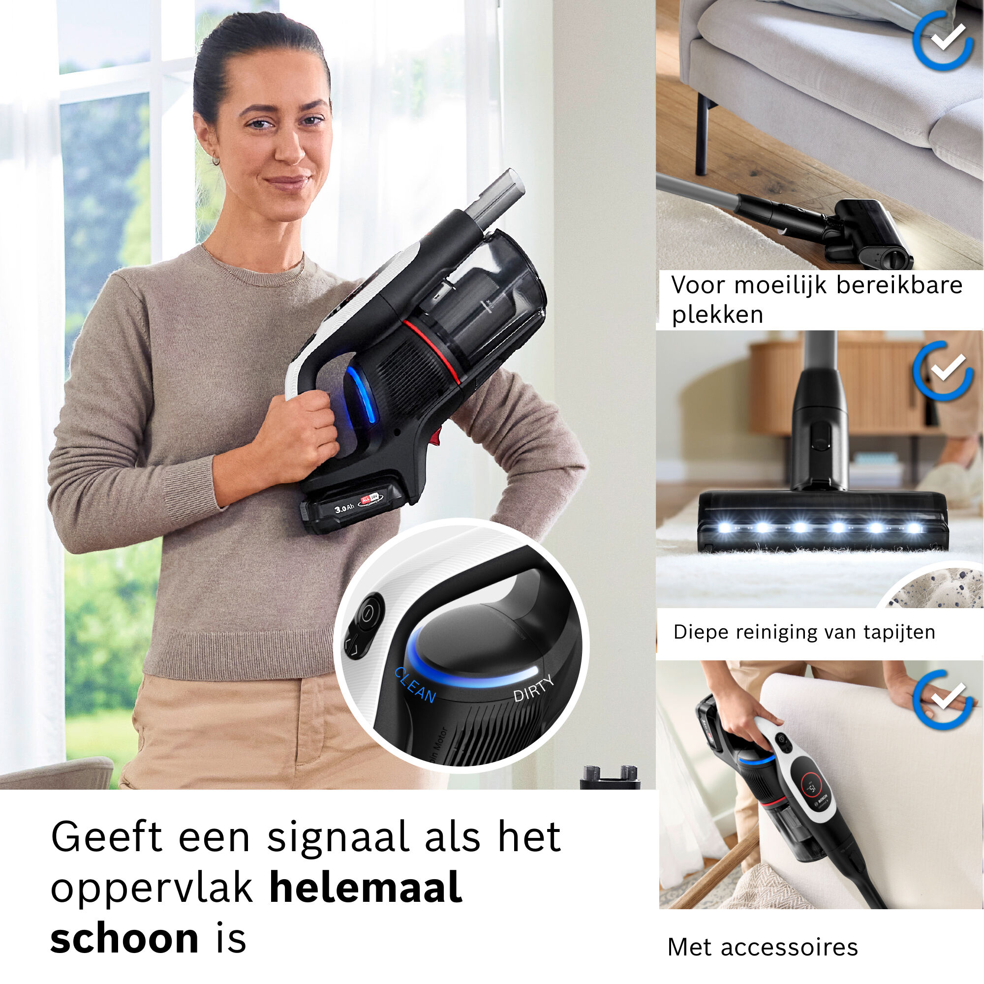 Woman holding a black vacuum cleaner. Text says it signals when clean, for hard to reach spots, and deep carpet cleaning.