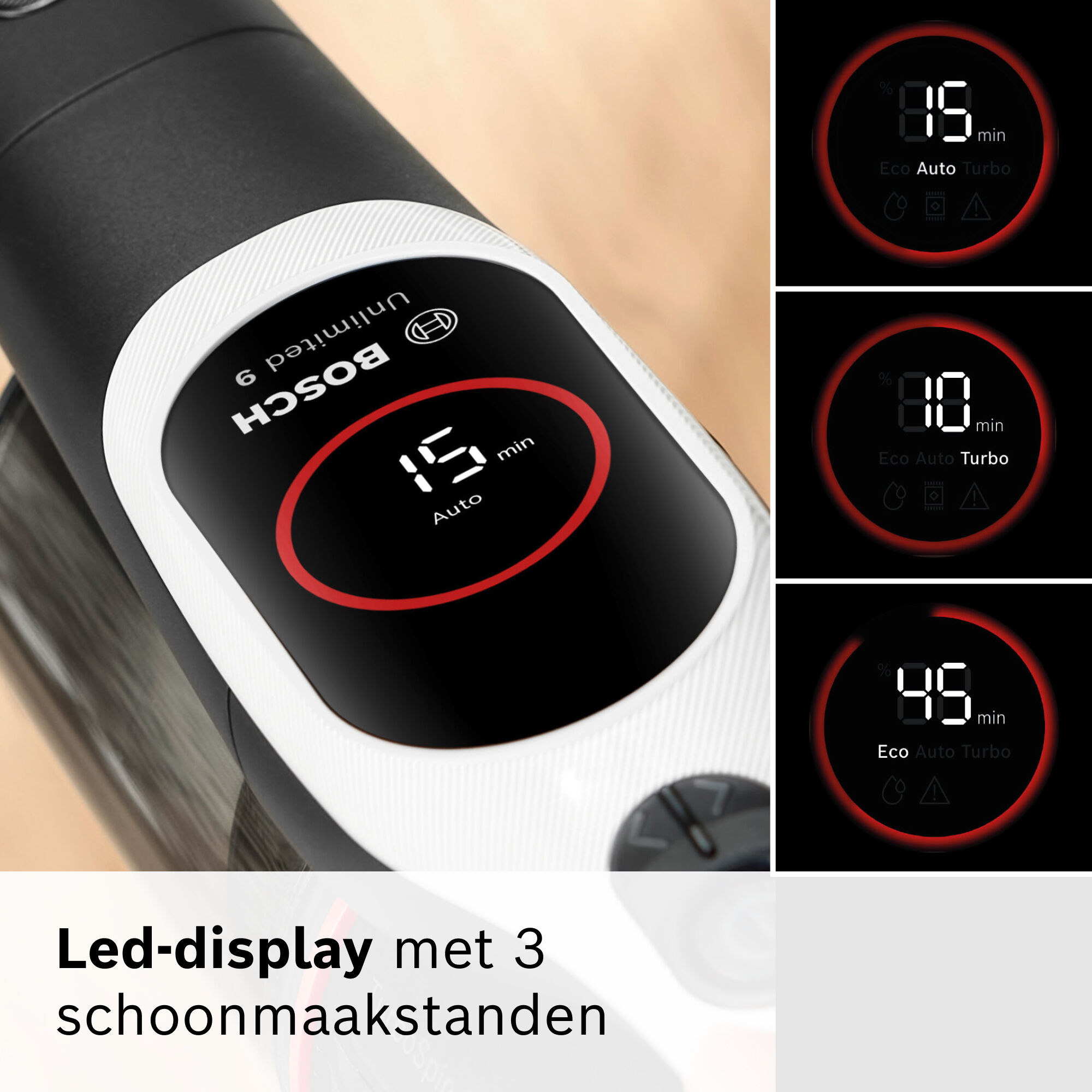 Close-up of a black and white vacuum cleaner. Three circular displays show cleaning times and modes: Auto, Eco, and Turbo.