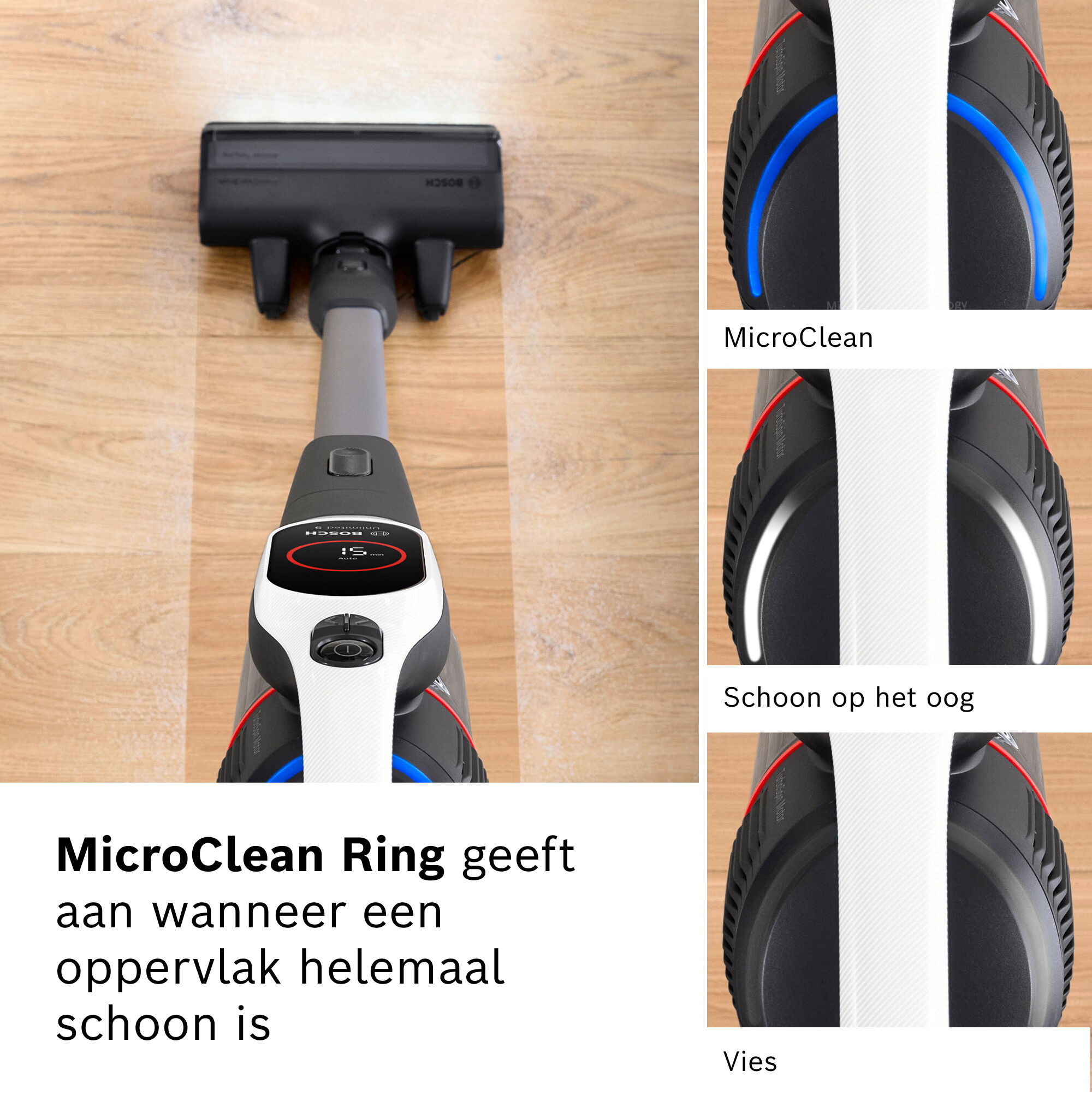 A Bosch vacuum cleaner on a wooden floor. Details show the MicroClean ring and different cleaning modes.