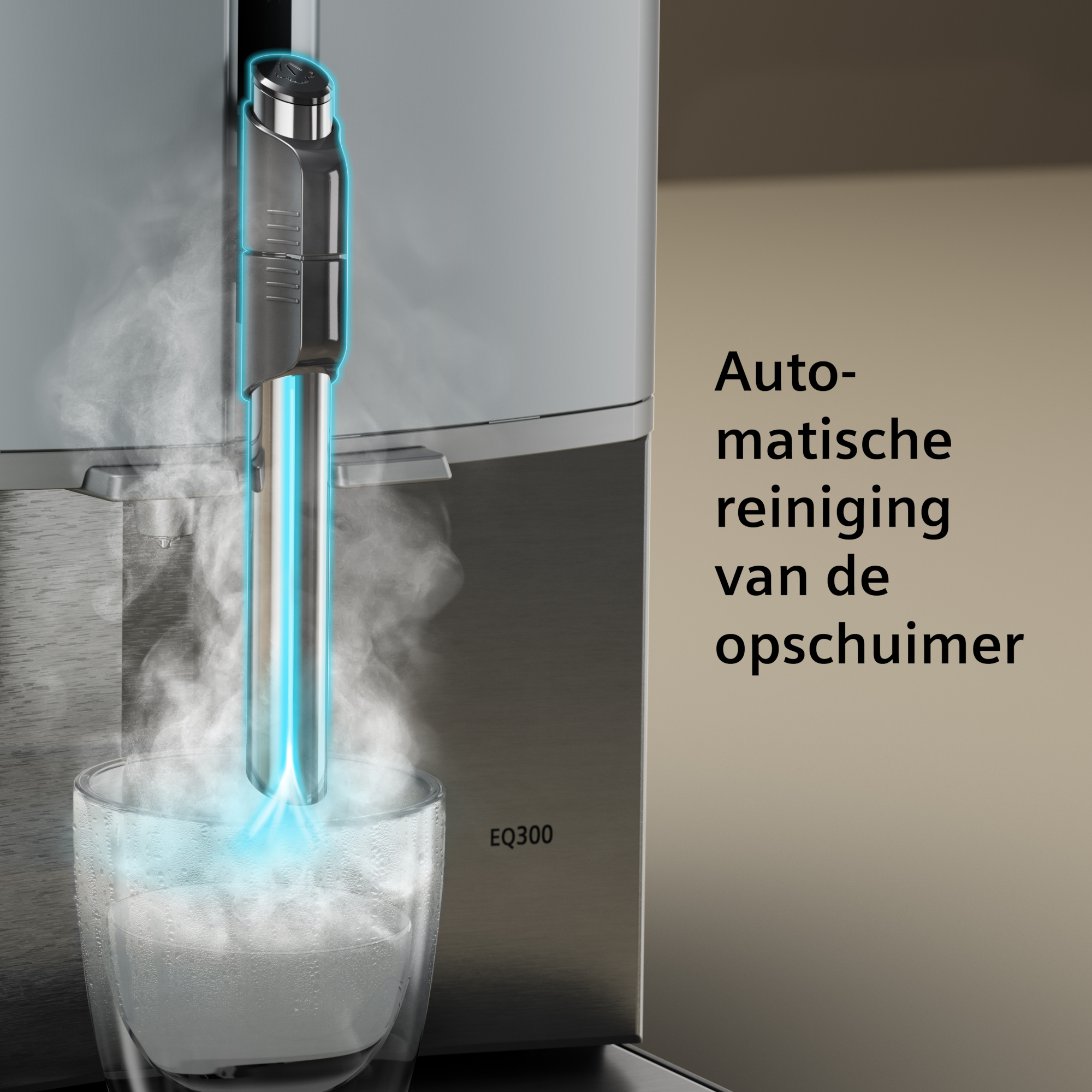Een koffiemachine reinigt de melkopschuimer. Er is stoom en blauw licht. De tekst zegt automatische reiniging.