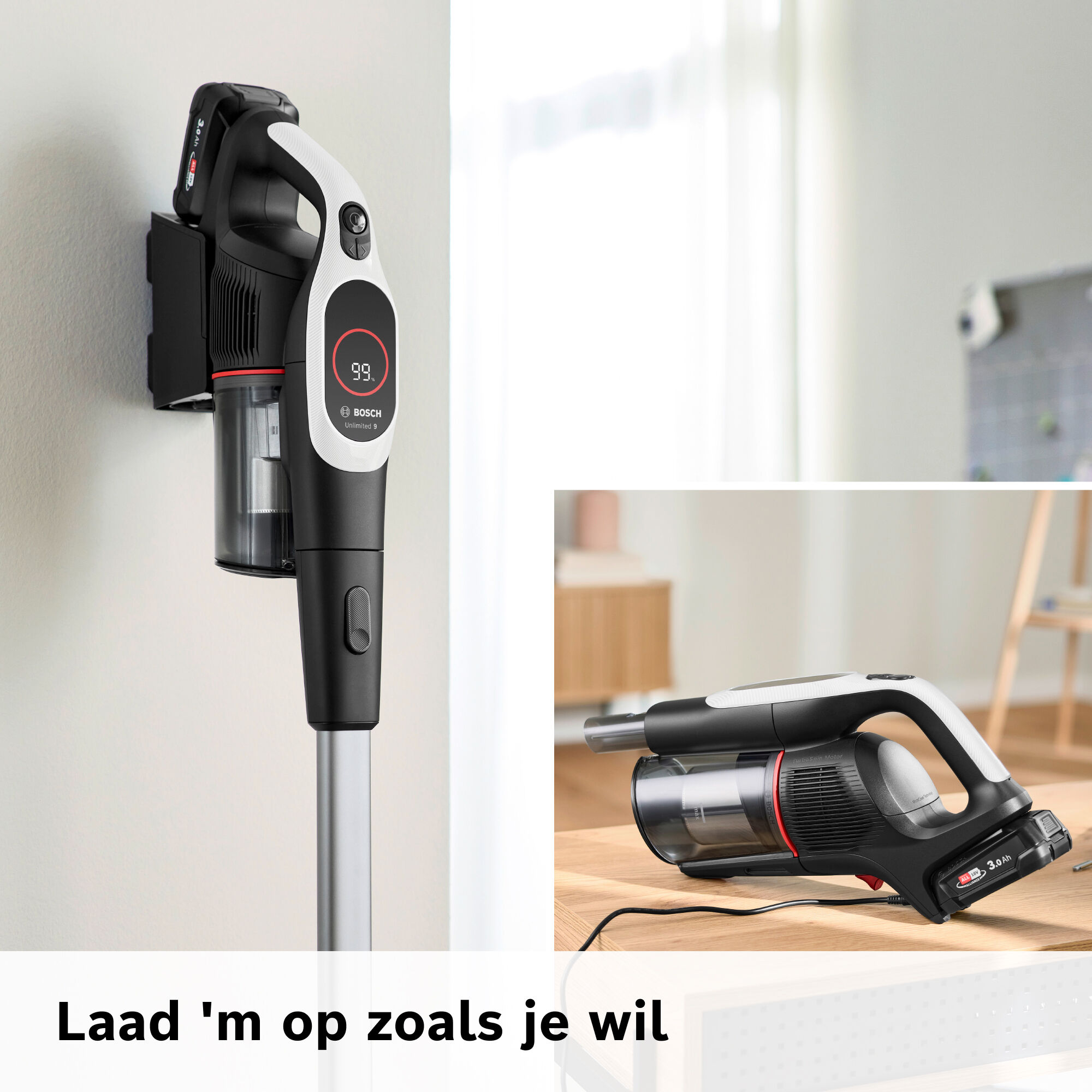 A black and white Bosch vacuum cleaner is shown, mounted on a wall and also on a table. The display shows 99%.