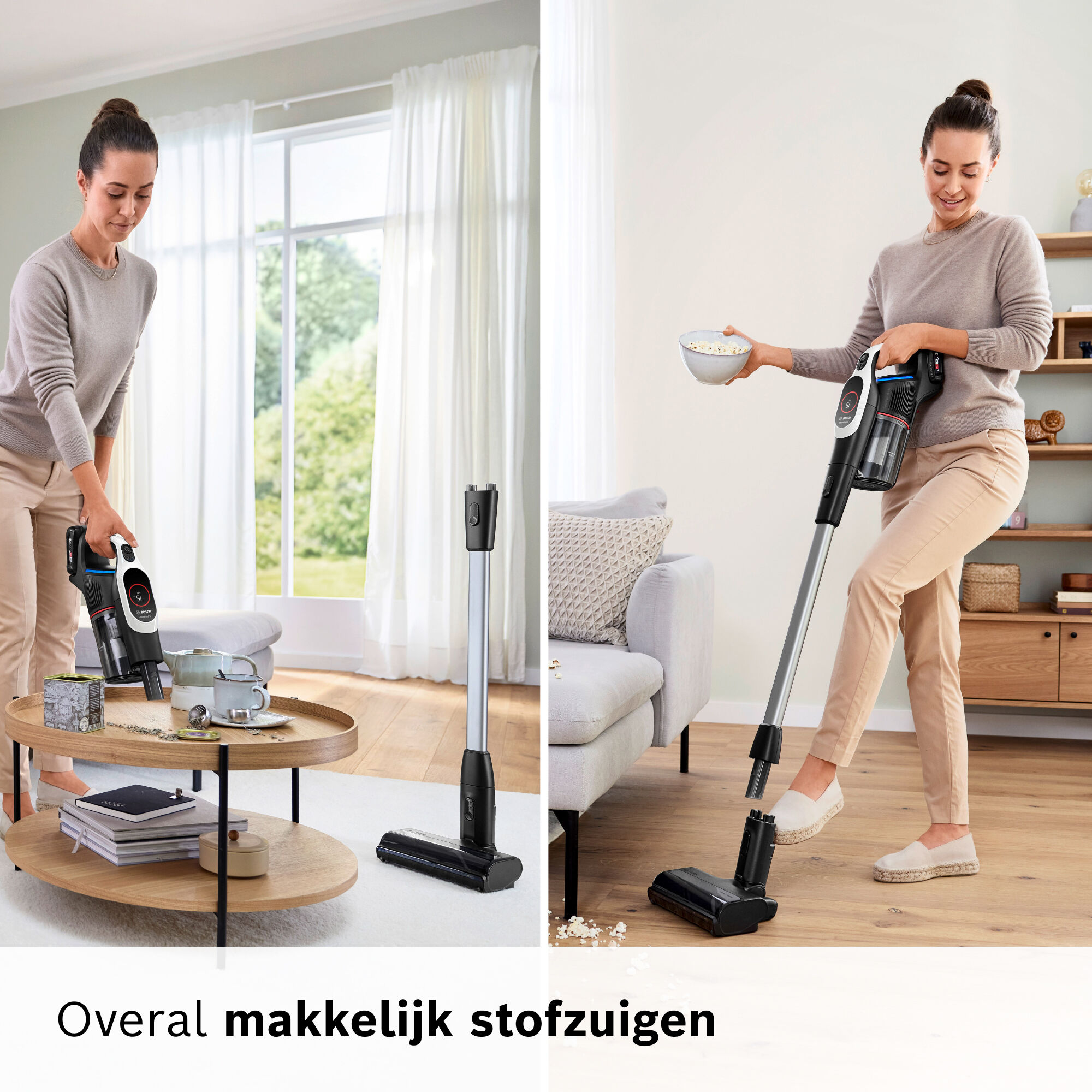 Woman vacuums. Left: Vacuum and accessories on the table. Right: Woman holds popcorn and vacuums the floor.