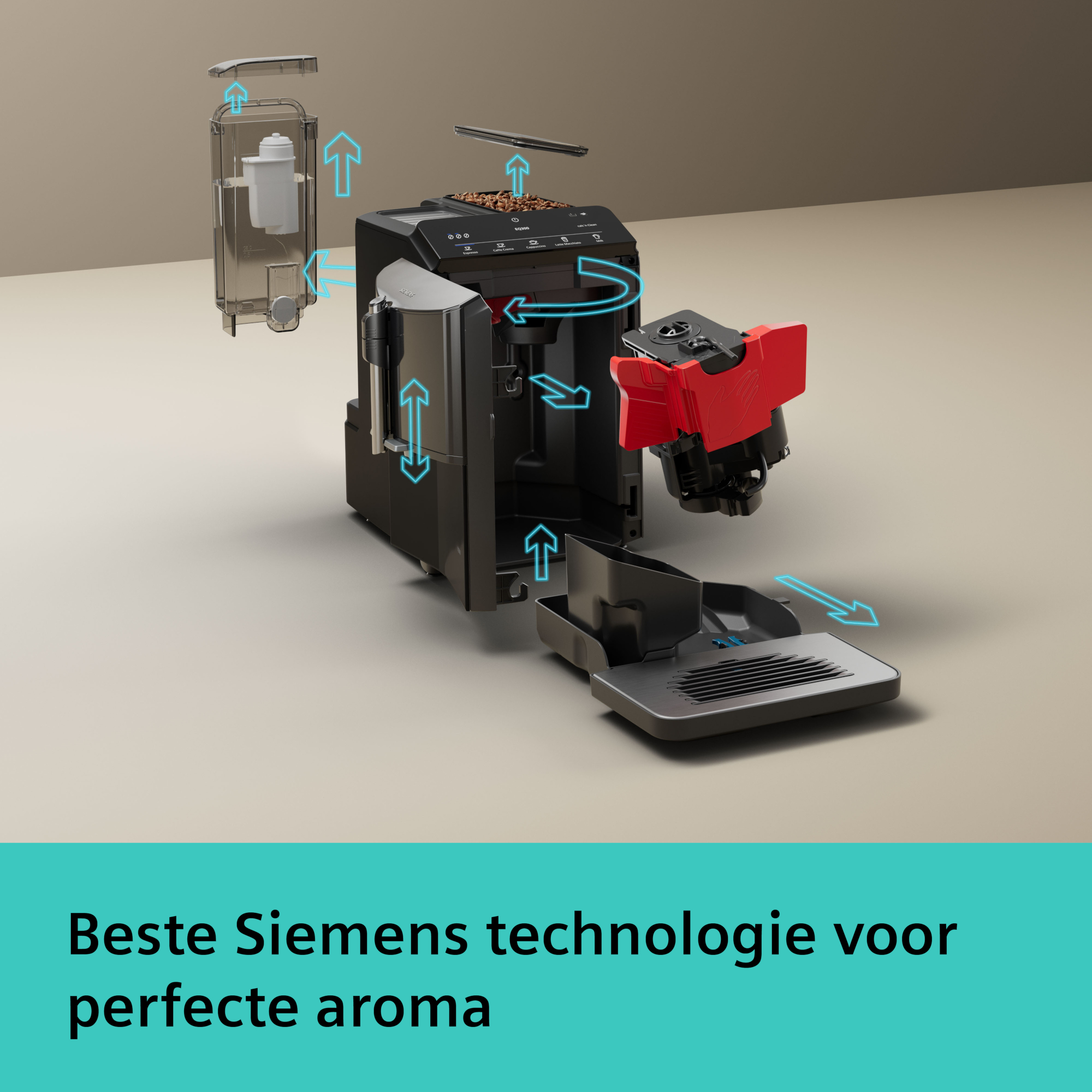 Een ontplofte weergave van een zwarte Siemens koffiemachine, met een rood onderdeel en koffiebonen erboven.
