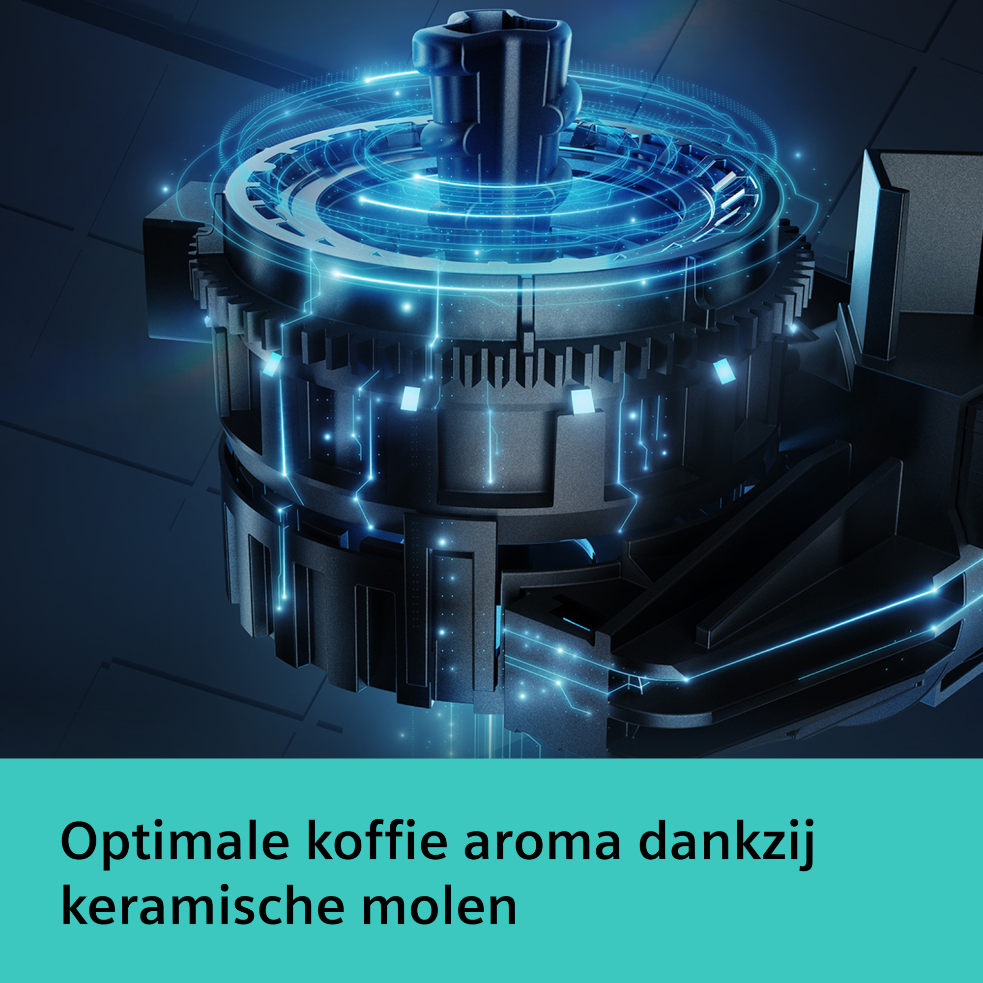 Close-up van een donkere metalen koffiemolen met blauwe gloeiende lijnen en tekst onderaan. De molen staat scherp.