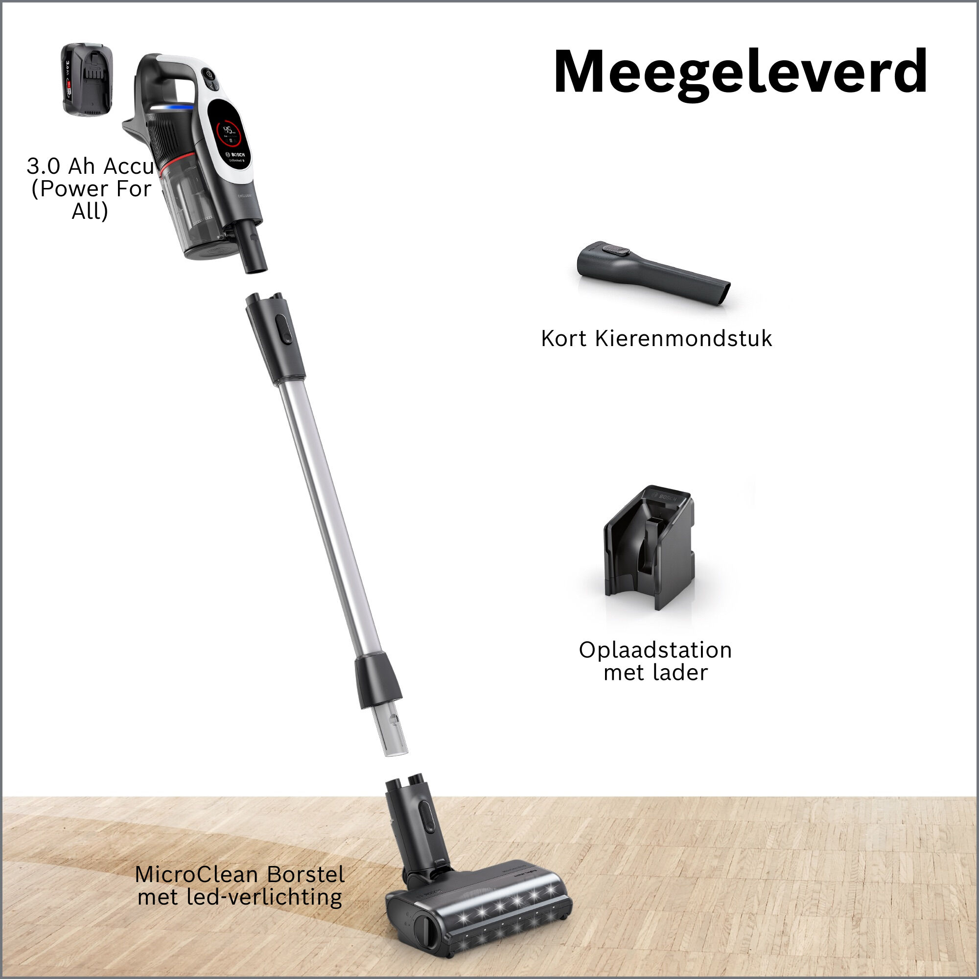 An exploded view of a vacuum cleaner and its parts, including battery, charger, and attachments.