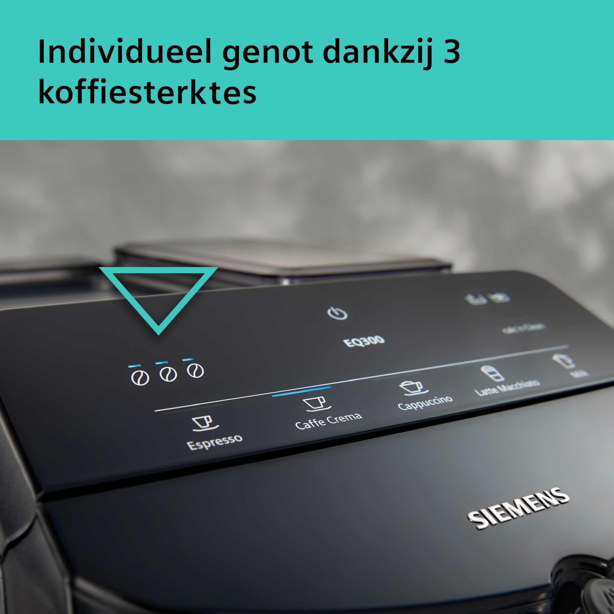 Close-up van een zwarte koffiemachine. Het display toont opties voor espresso, caffe crema, cappuccino en latte macchiato.
