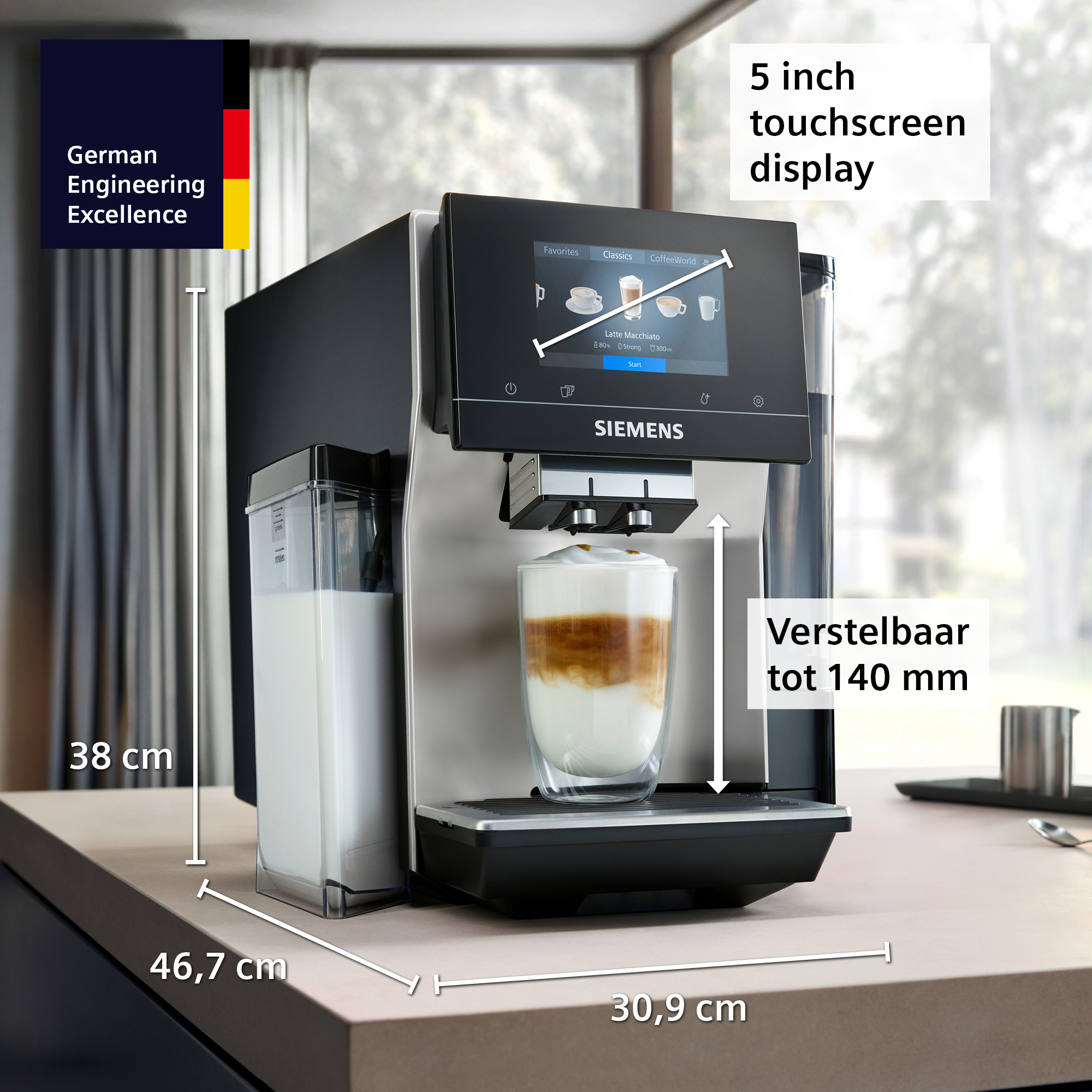 A Siemens coffee machine with a touchscreen display, dimensions shown. A glass of latte macchiato is visible.