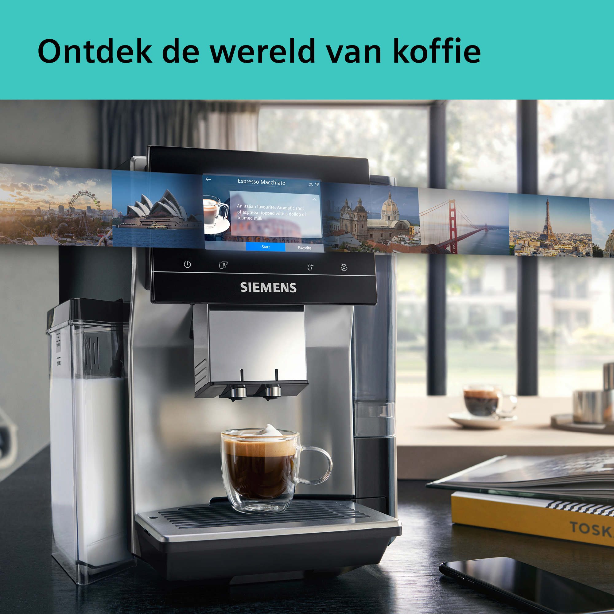 A coffee machine with a cup of coffee. The screen shows the world. The title says: Discover the world of coffee.