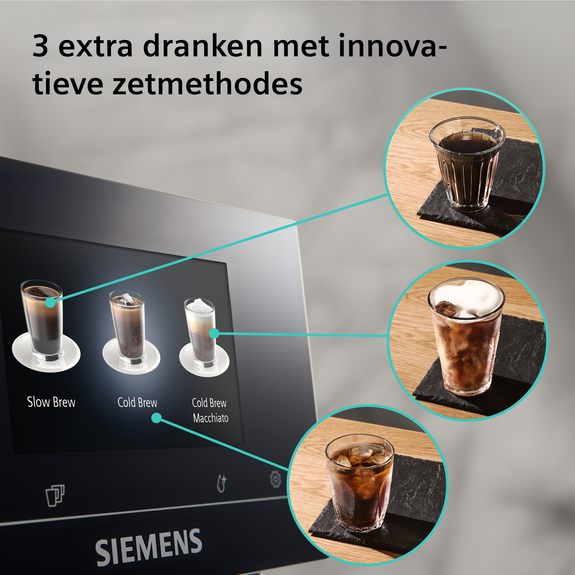 Image shows coffee drinks: Slow Brew, Cold Brew, and Cold Brew Macchiato. Siemens logo at the bottom.