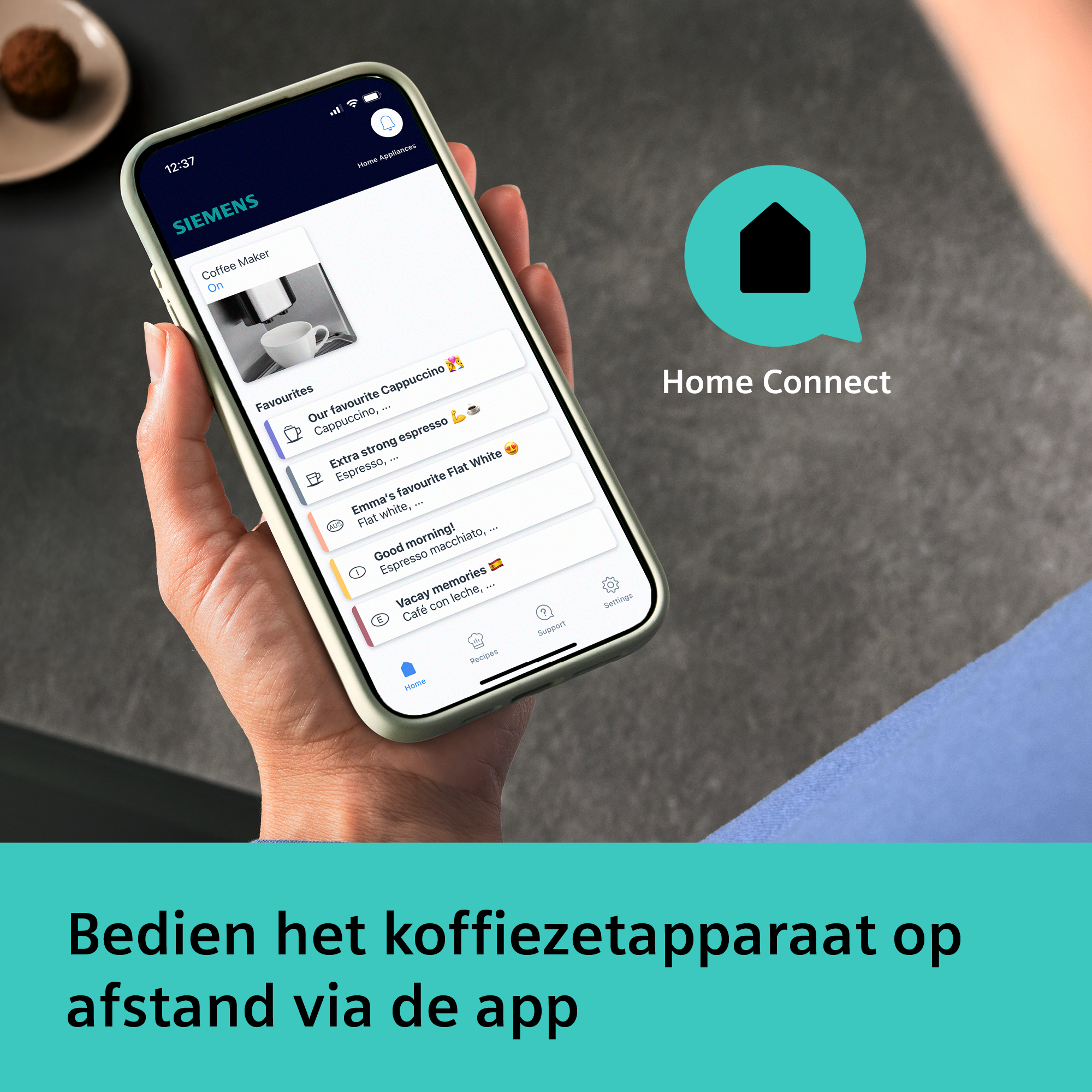 A hand holds a phone showing a coffee machine app. The app displays coffee options and 'Home Connect' logo is visible.