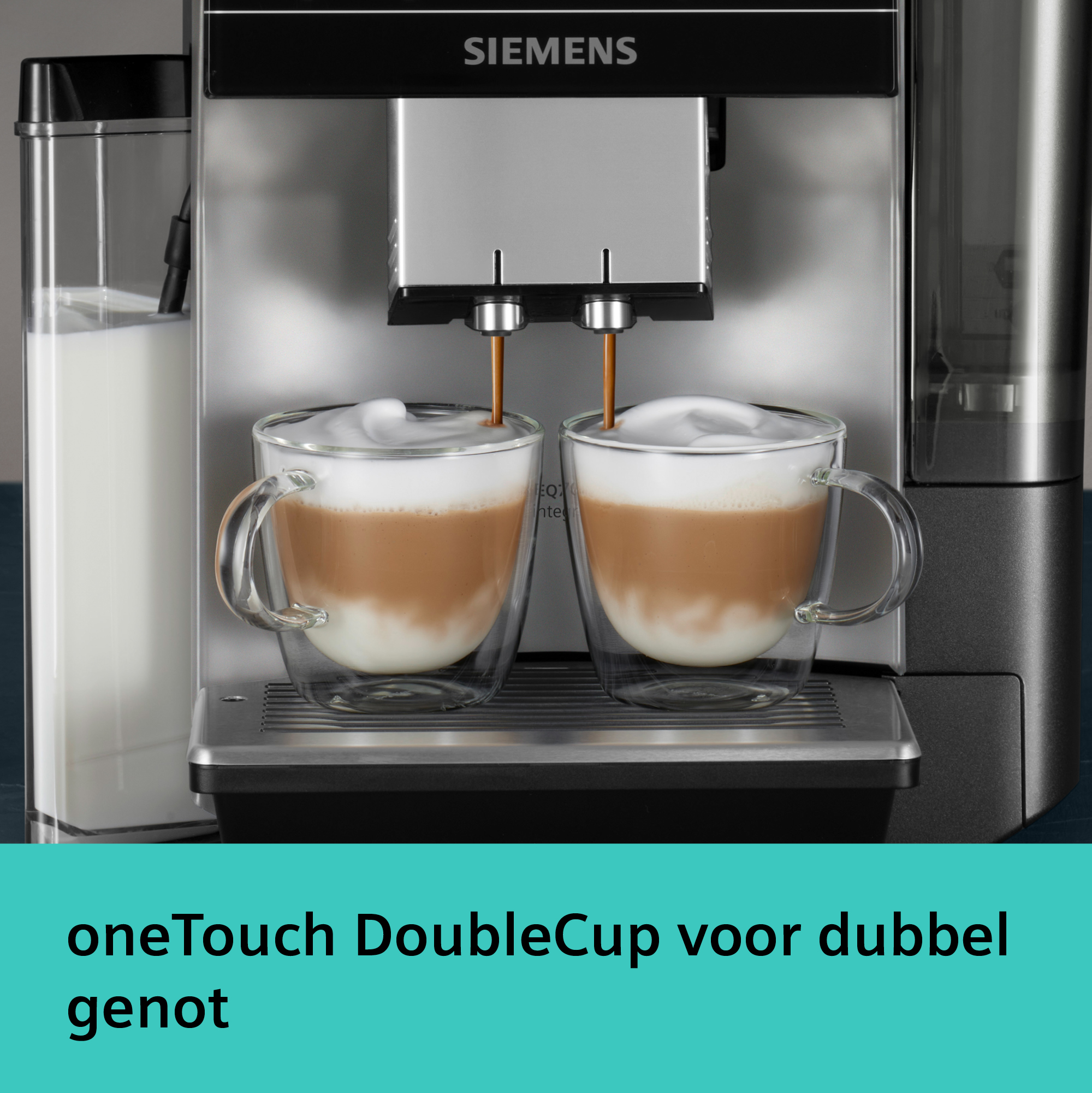 Coffee machine dispensing coffee into two glass cups. Milk container is on the left. Foam on top.