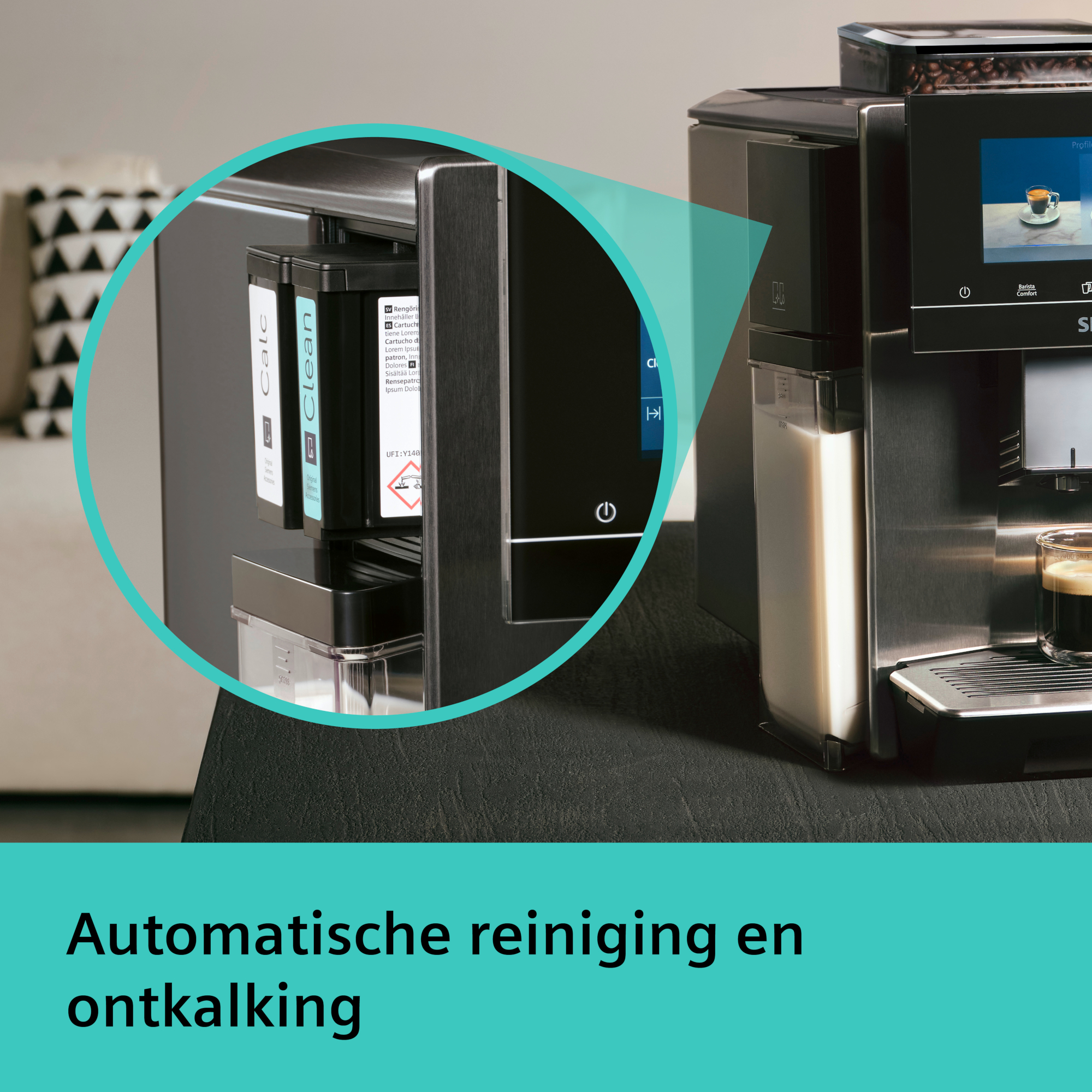 A coffee machine with 'Calc' and 'Clean' cartridges, a milk container, and a cup of coffee on the screen, says 'Automatische reiniging en ontkalking'.