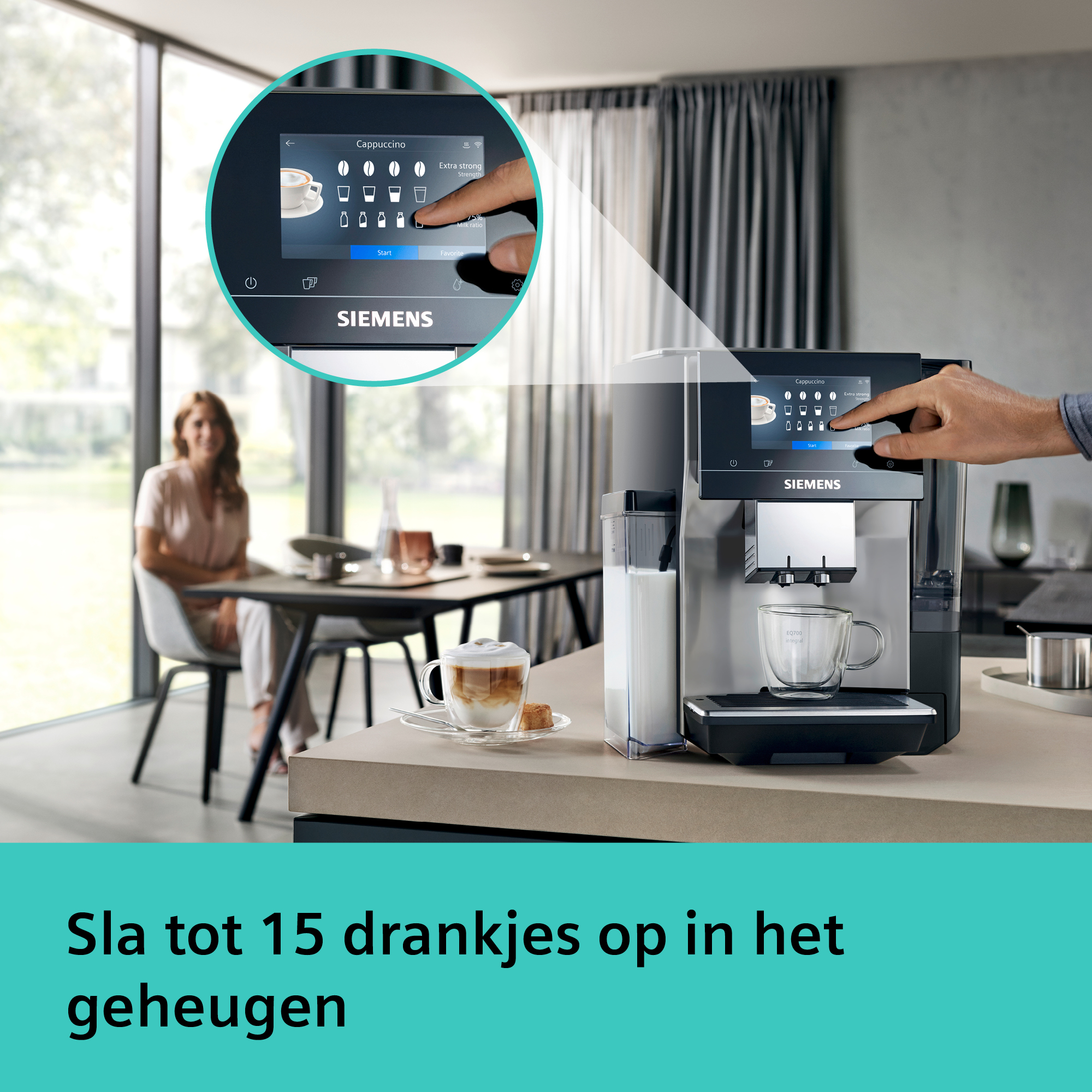 A coffee machine with a touch screen. A person's hand is on the screen selecting a cappuccino.