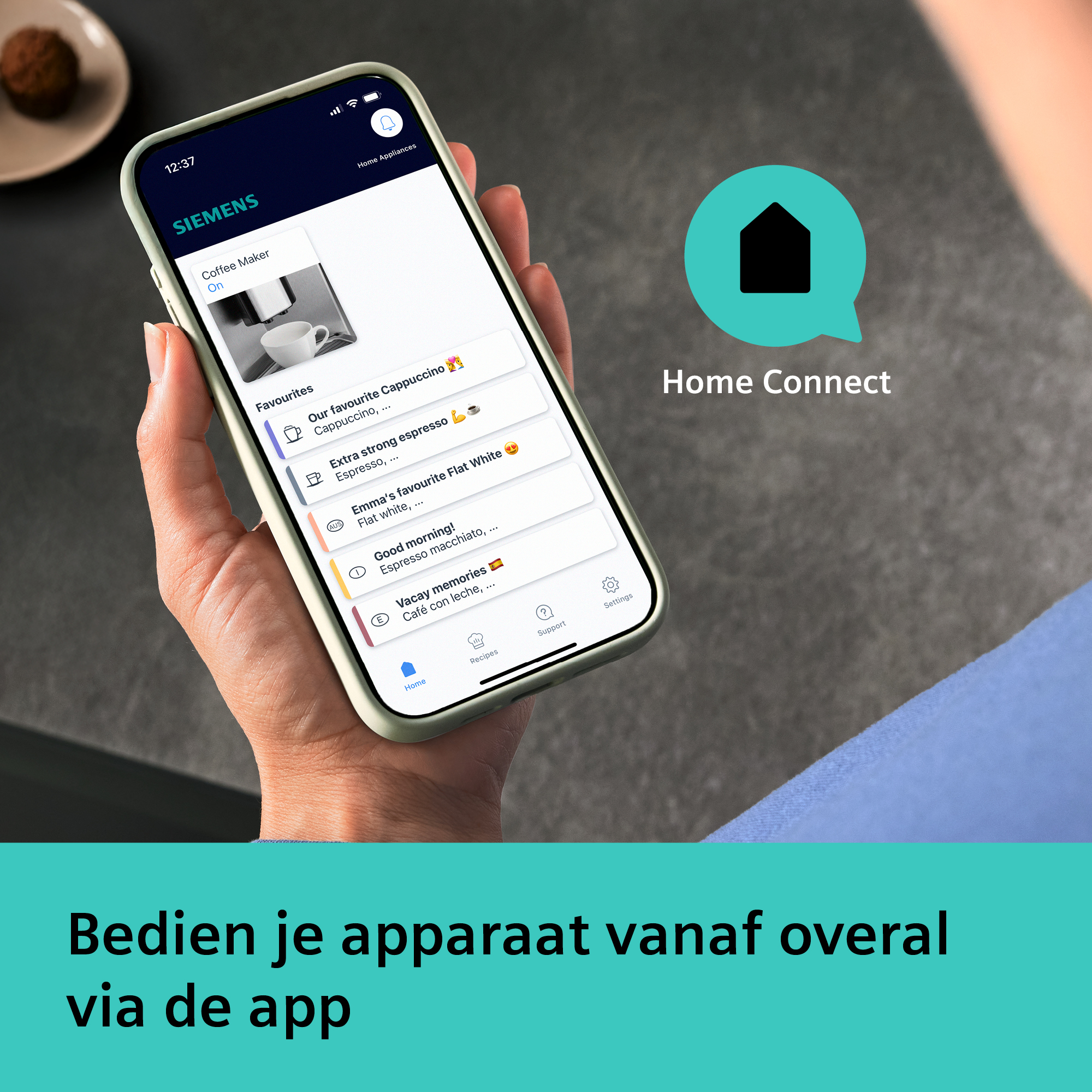 A hand holds a phone with the Siemens app open. The app controls a coffee maker. A Home Connect logo is visible.