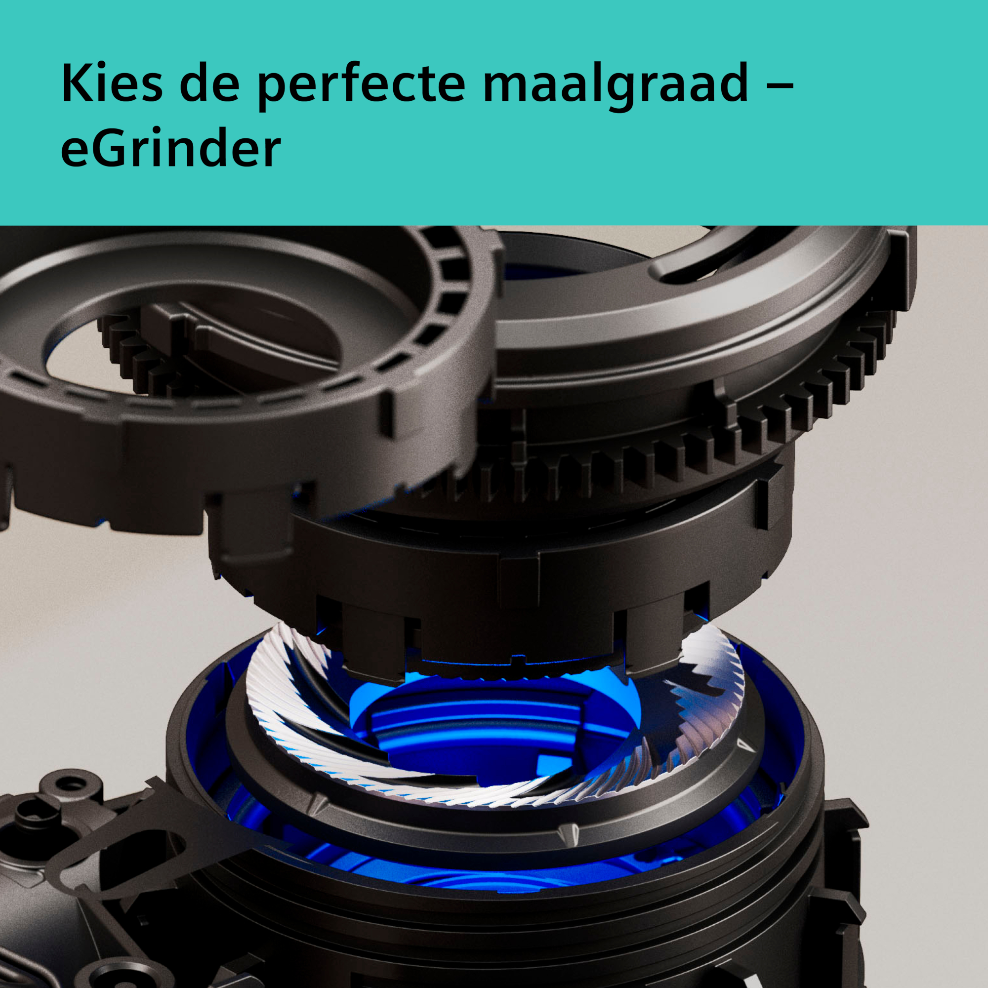 Close-up of a black eGrinder. It has gears and a blue light inside. The background is a neutral gray color.