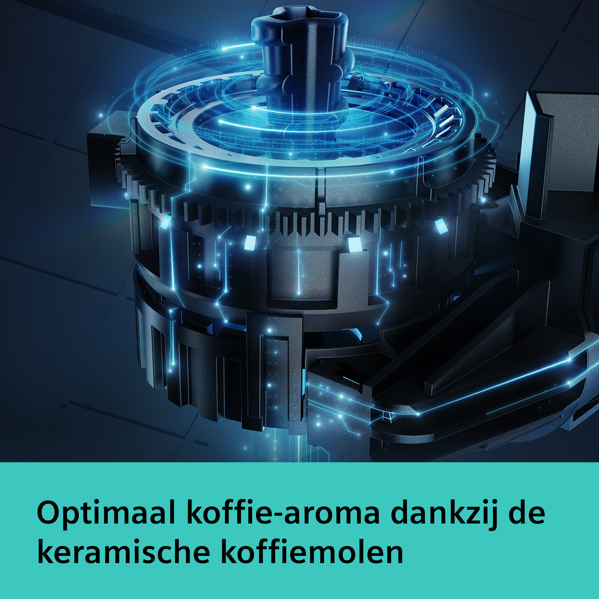 Close-up of a black coffee grinder with blue glowing details. Text in Dutch: Optimal coffee aroma thanks to the ceramic coffee grinder.