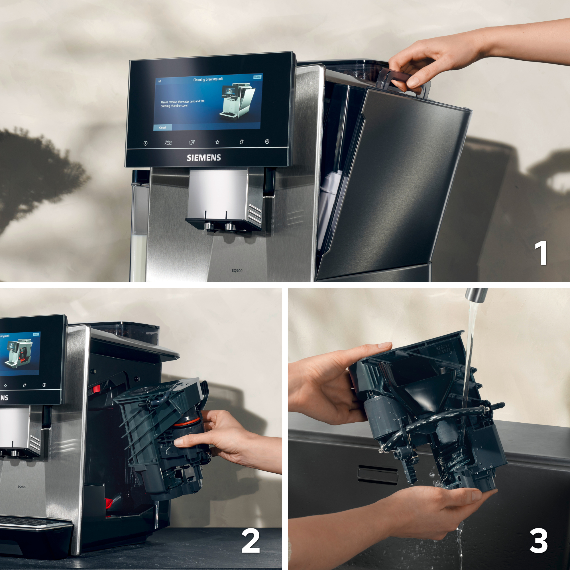 A person cleaning a Siemens espresso machine. Steps include removing parts, washing them, and reassembling.