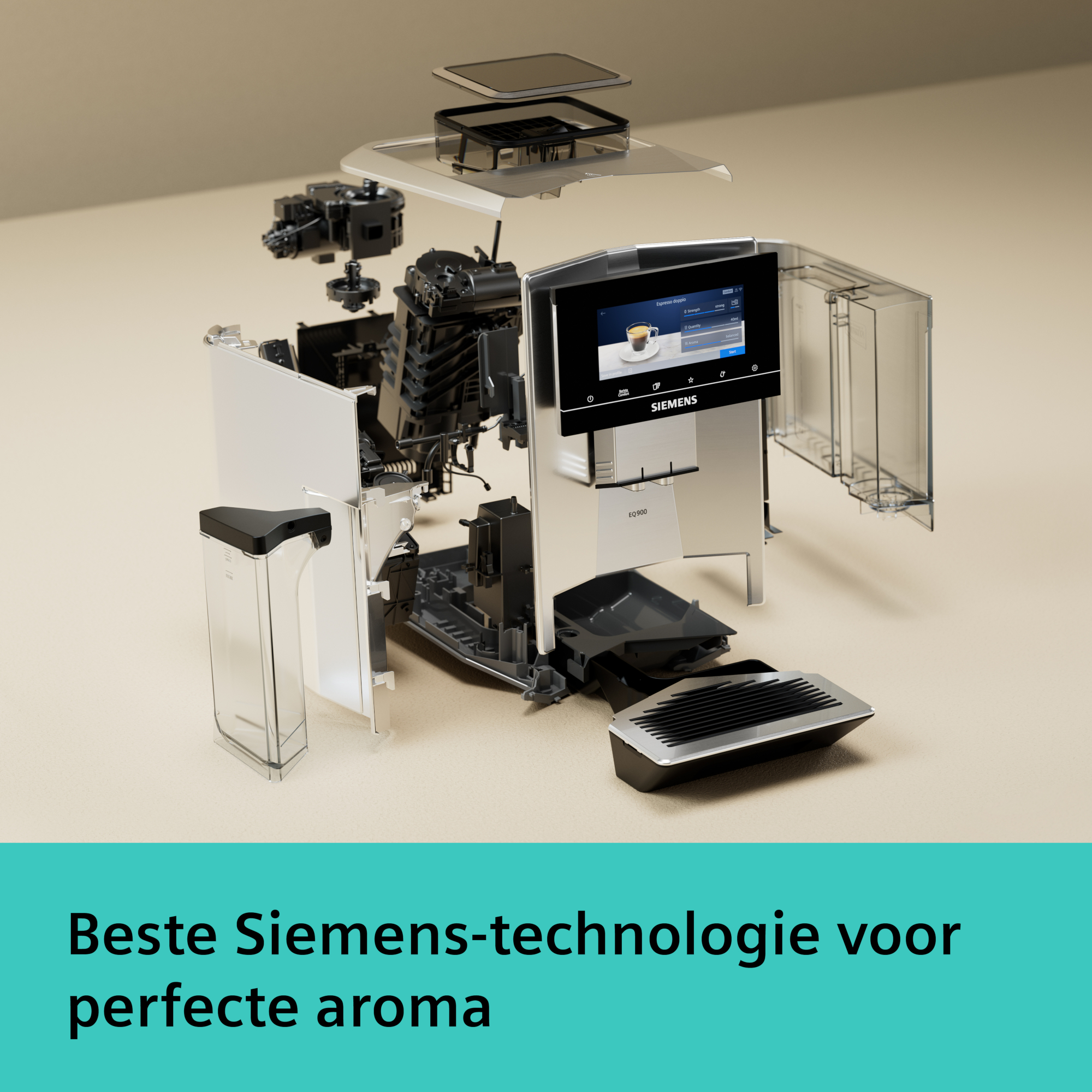 Exploded view of a silver Siemens coffee machine, showing internal components and a touchscreen display. Beige background.