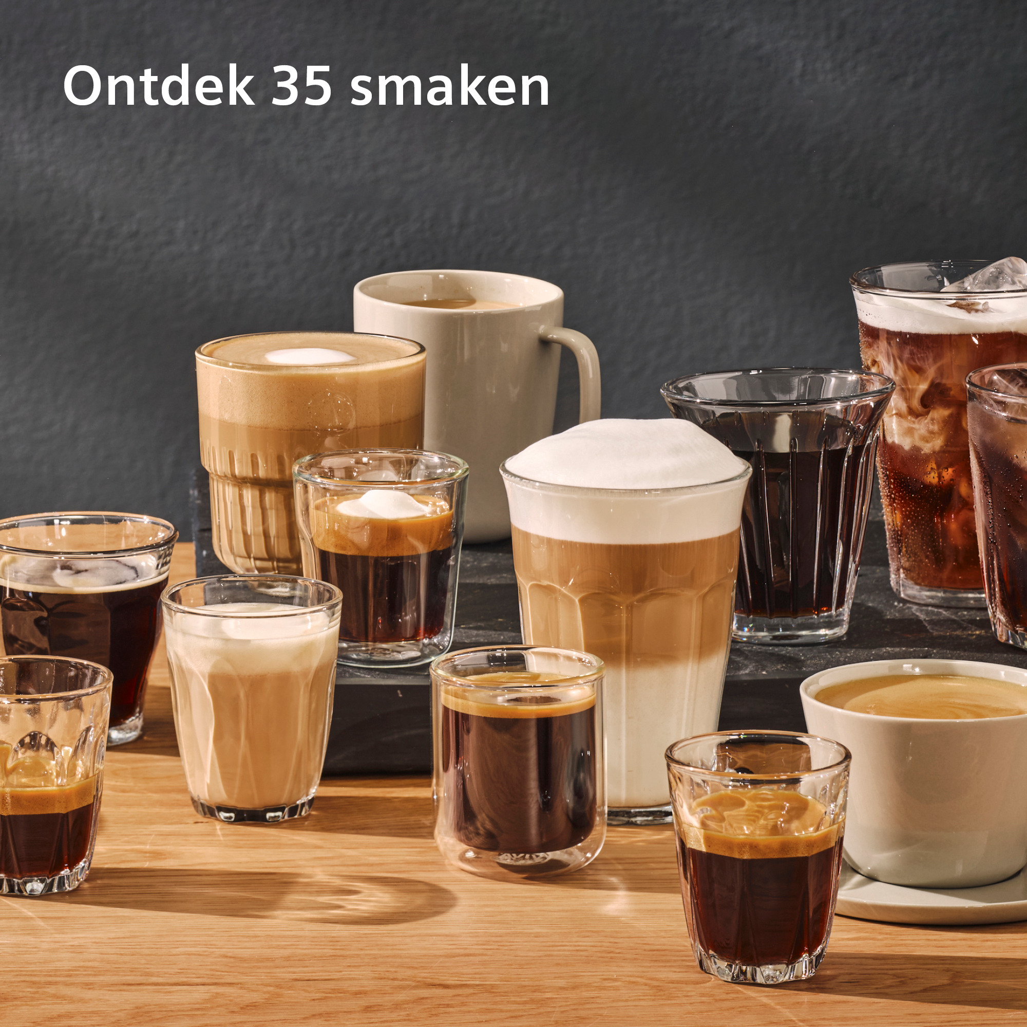 Various coffee drinks in glasses and mugs on a wooden surface. Dark background with text at the top.