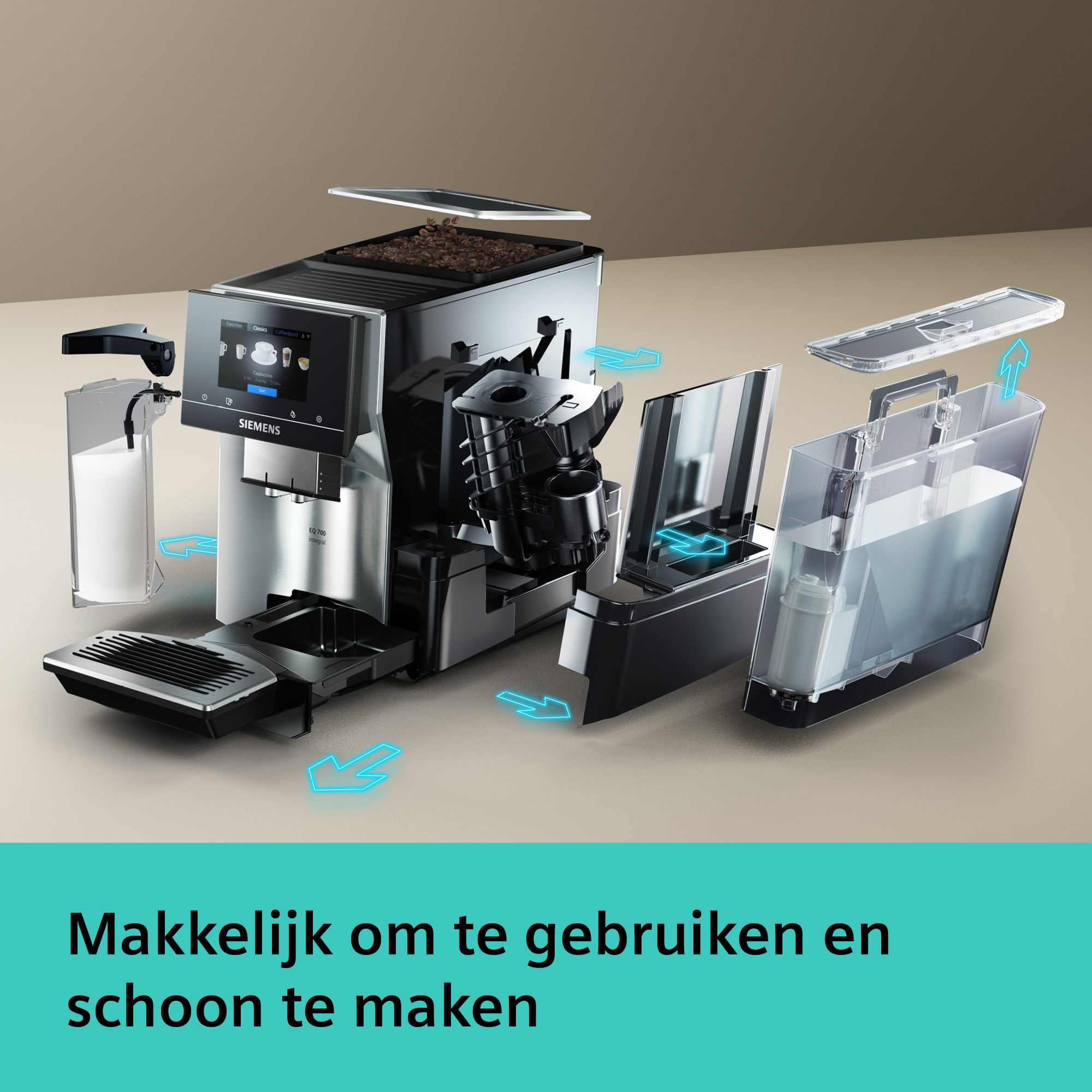 An exploded view of a Siemens coffee machine, showcasing its components. Arrows point to removable parts.