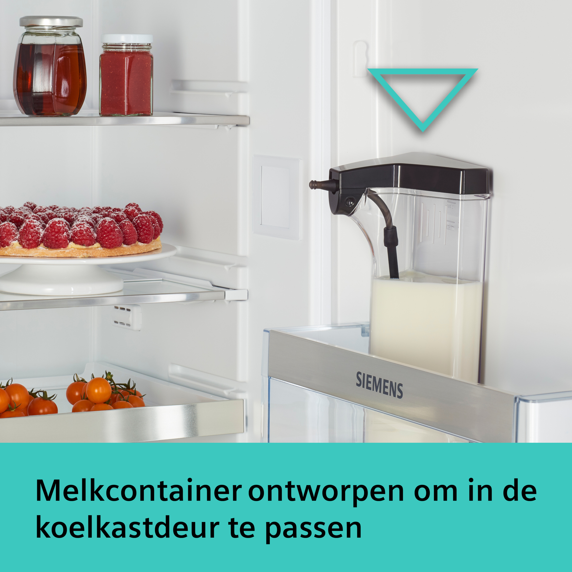 Inside a fridge: jars, cake, tomatoes. A milk container is in the door. The fridge is white.