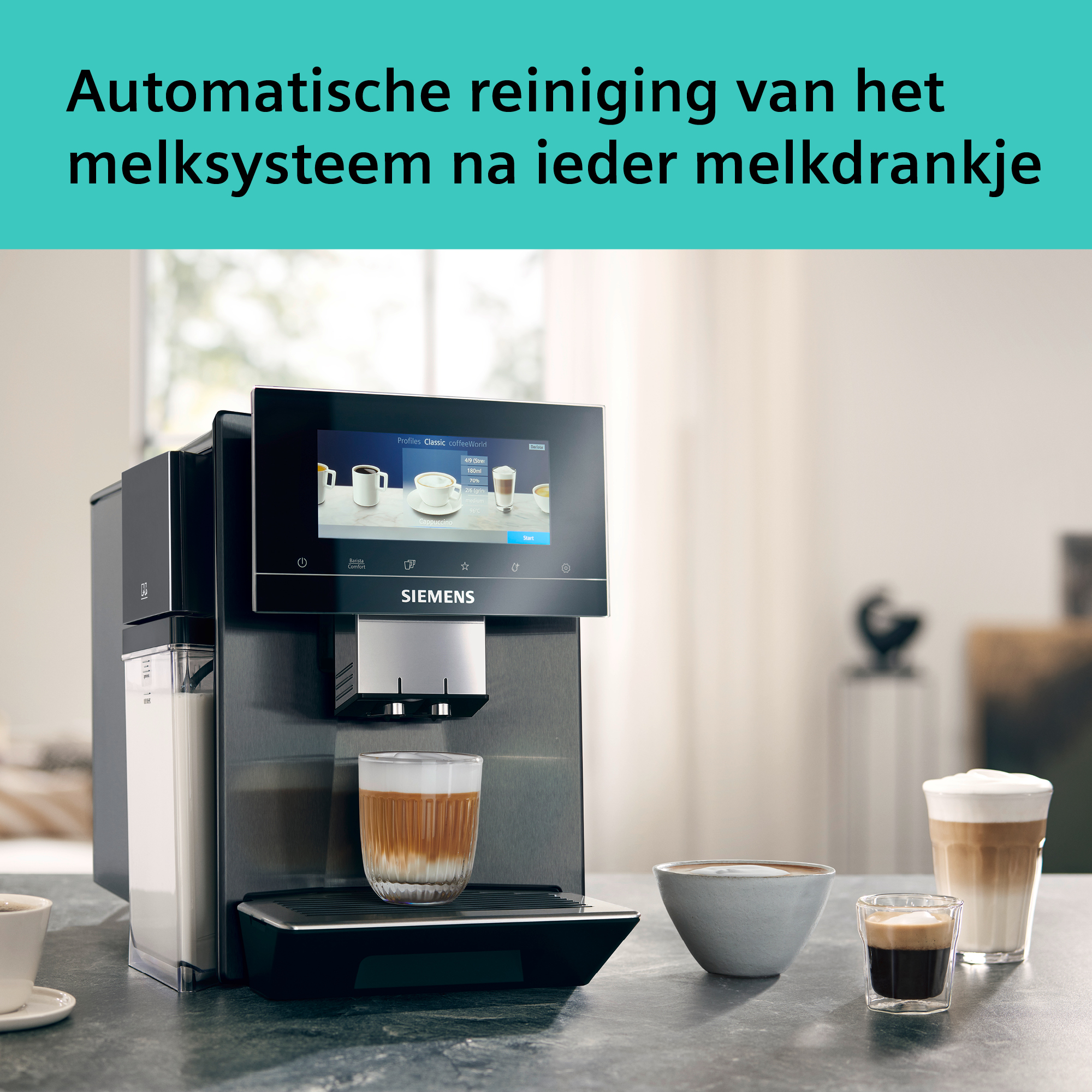 A coffee machine with a screen displays options. Coffee drinks like latte are present. Text: Automatic milk system cleaning.