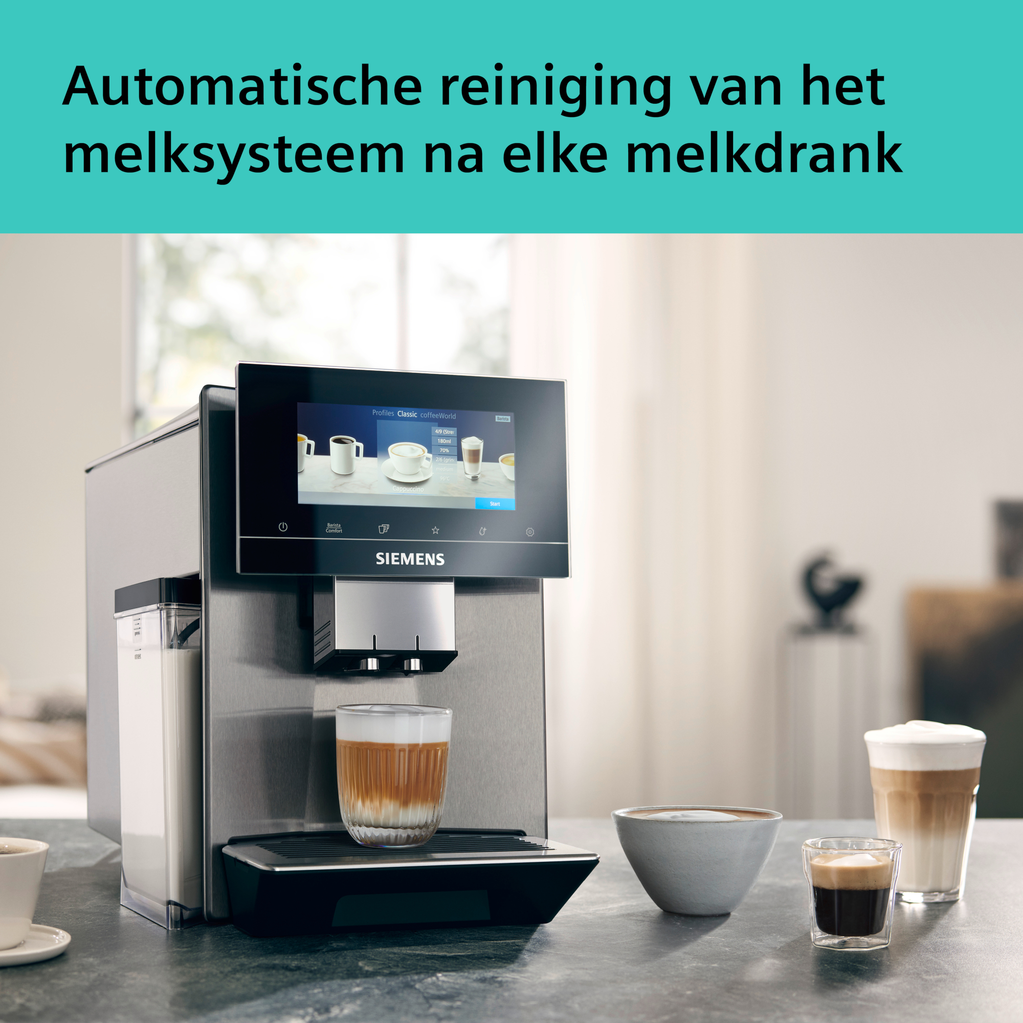 A Siemens coffee machine with a display, a glass of coffee, and other coffee cups on a table.