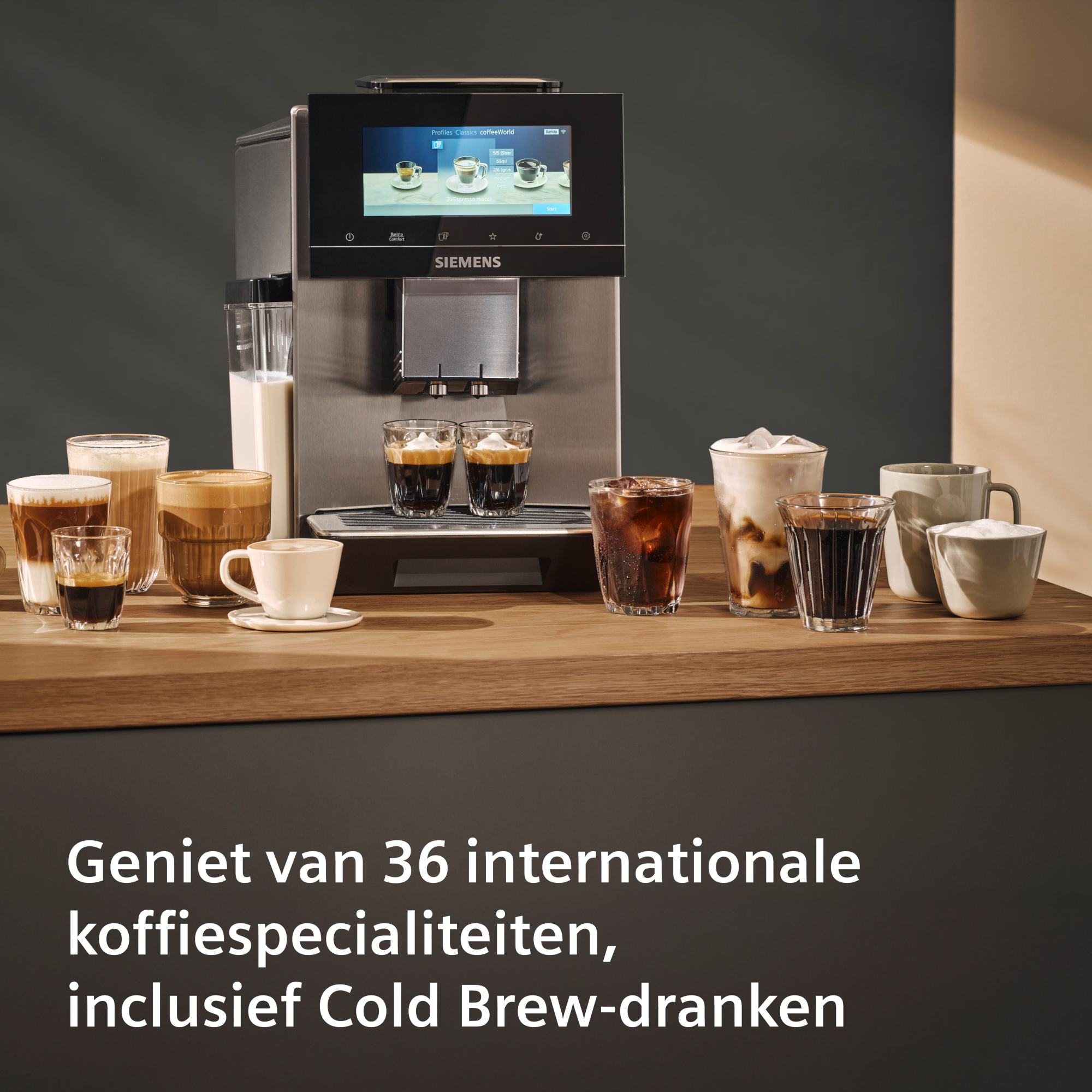 Coffee machine with various coffee drinks on a wooden surface. Machine displays coffee options.