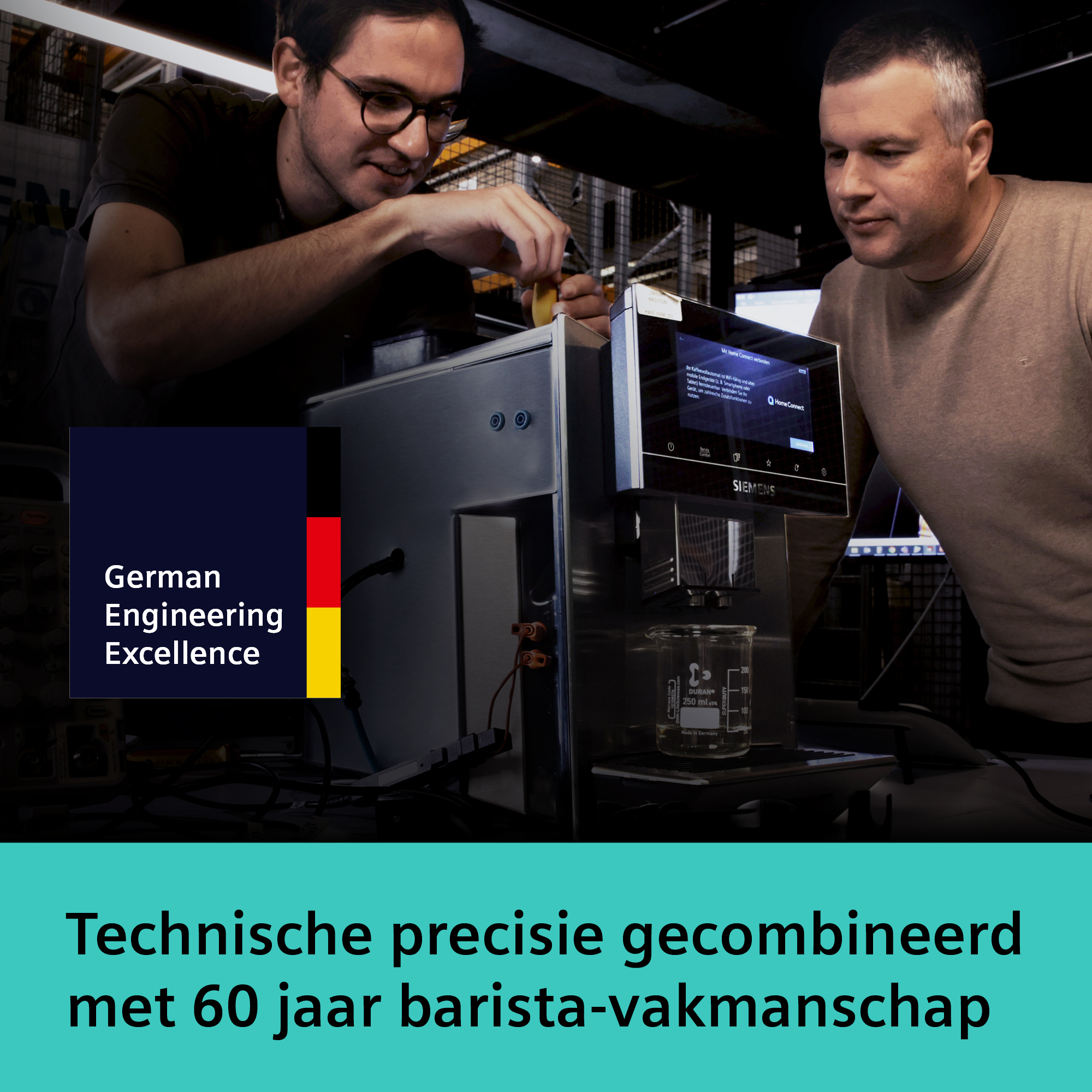 Two men fix a coffee machine. Siemens logo is visible. German Engineering Excellence, and Dutch text at the bottom.