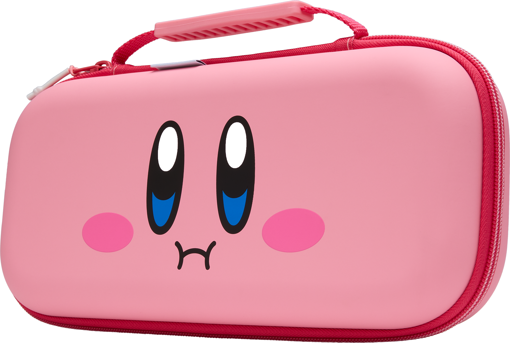 Rózsaszín Kirby témájú tok szemekkel, rózsás pofákkal és fogantyúval. Piros cipzár és szegély. Fekete háttér.