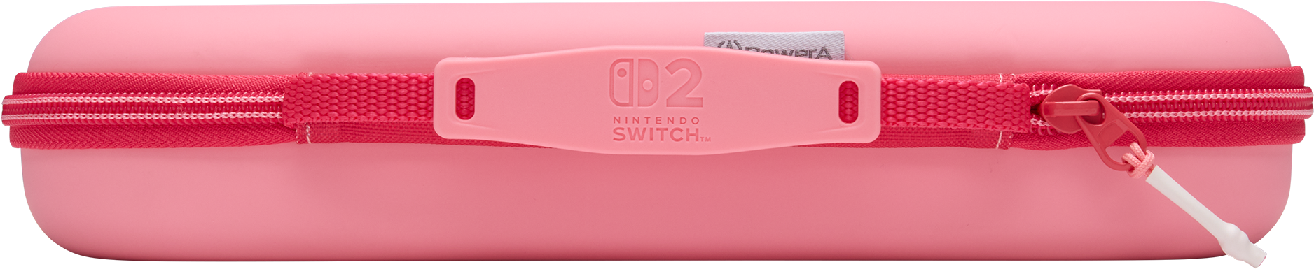 Rózsaszín Nintendo Switch tok. Piros cipzárral és fogantyúval rendelkezik, Nintendo Switch logóval.