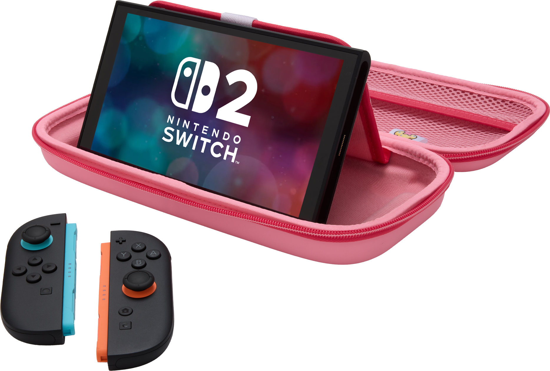 Nintendo Switch rózsaszín tokban, leválasztott vezérlőkkel. A képernyőn a Nintendo logó látható.