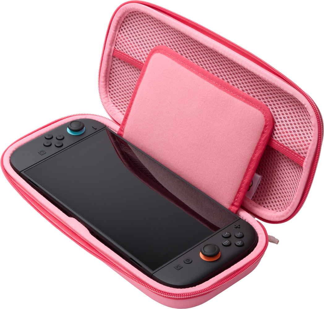 Egy nyitott rózsaszín Switch tok, fekete Switch konzolt mutatva. Belül egy rózsaszín tasak. A tok fekete háttéren.