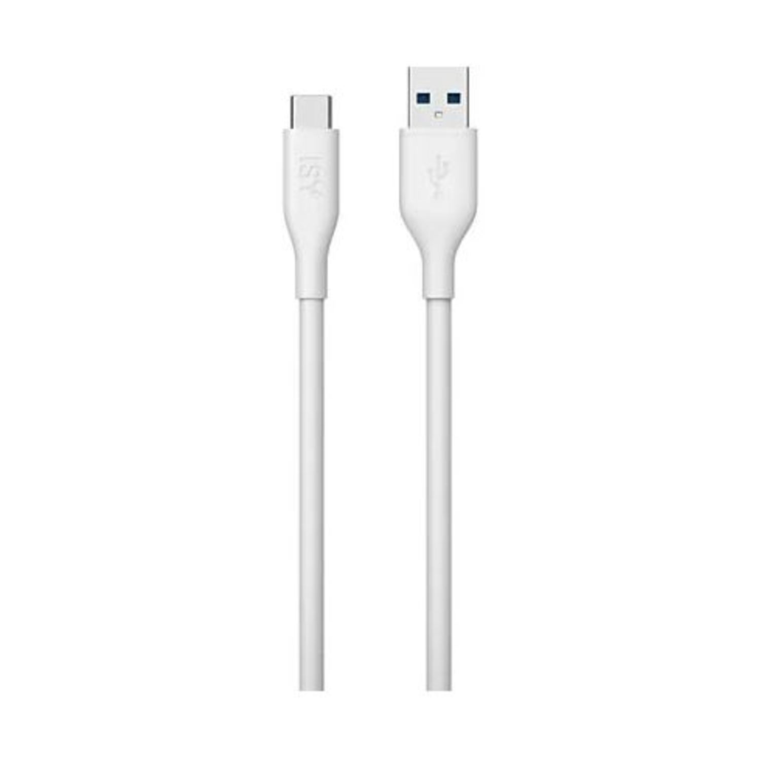 Un cavo USB bianco con un connettore USB-C a sinistra e un connettore USB-A a destra. Entrambe le estremità sono bianche.