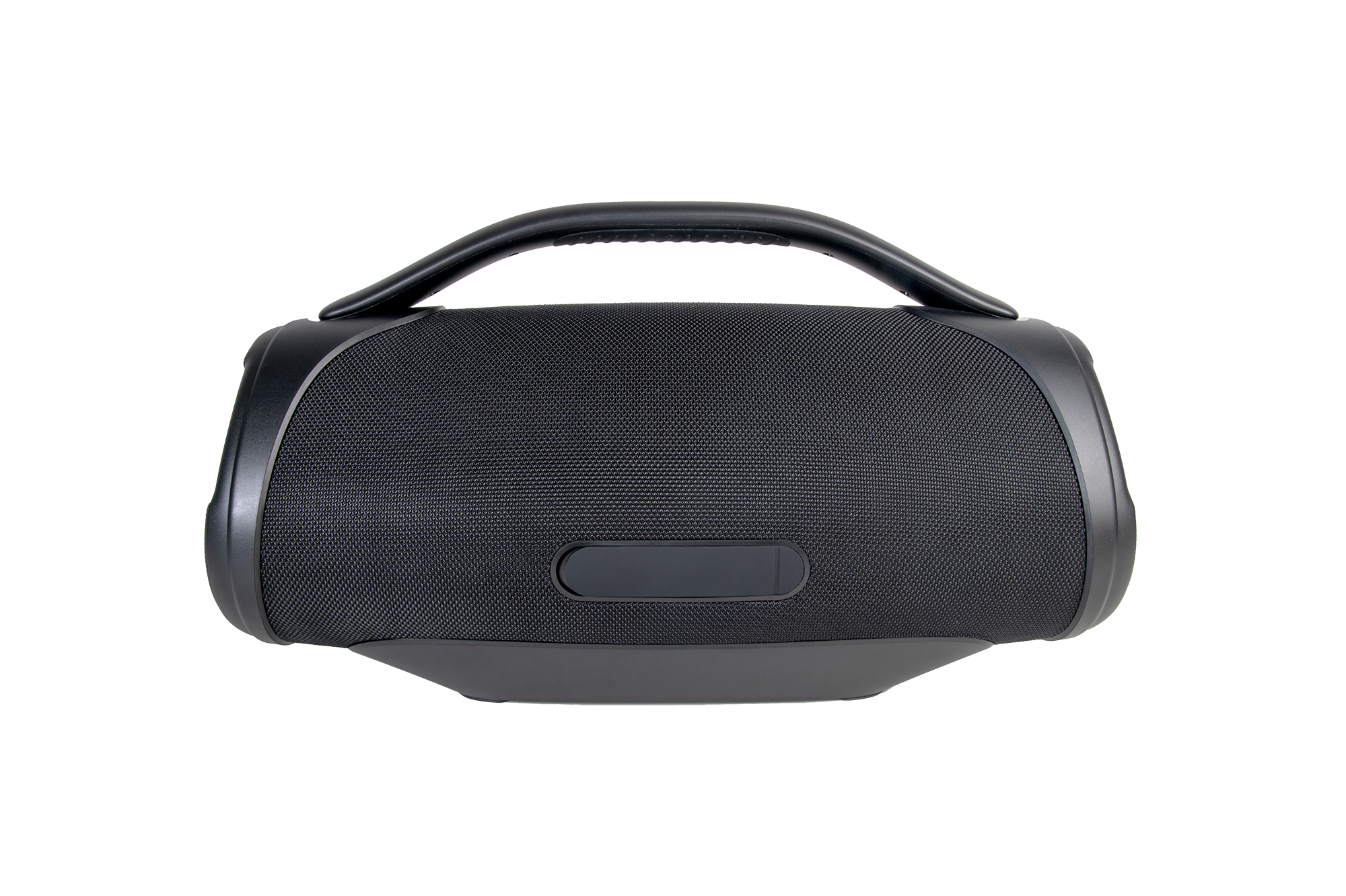 Czarny głośnik przenośny z uchwytem. Głośnik jest prostokątny z zaokrąglonymi krawędziami, na białym tle.