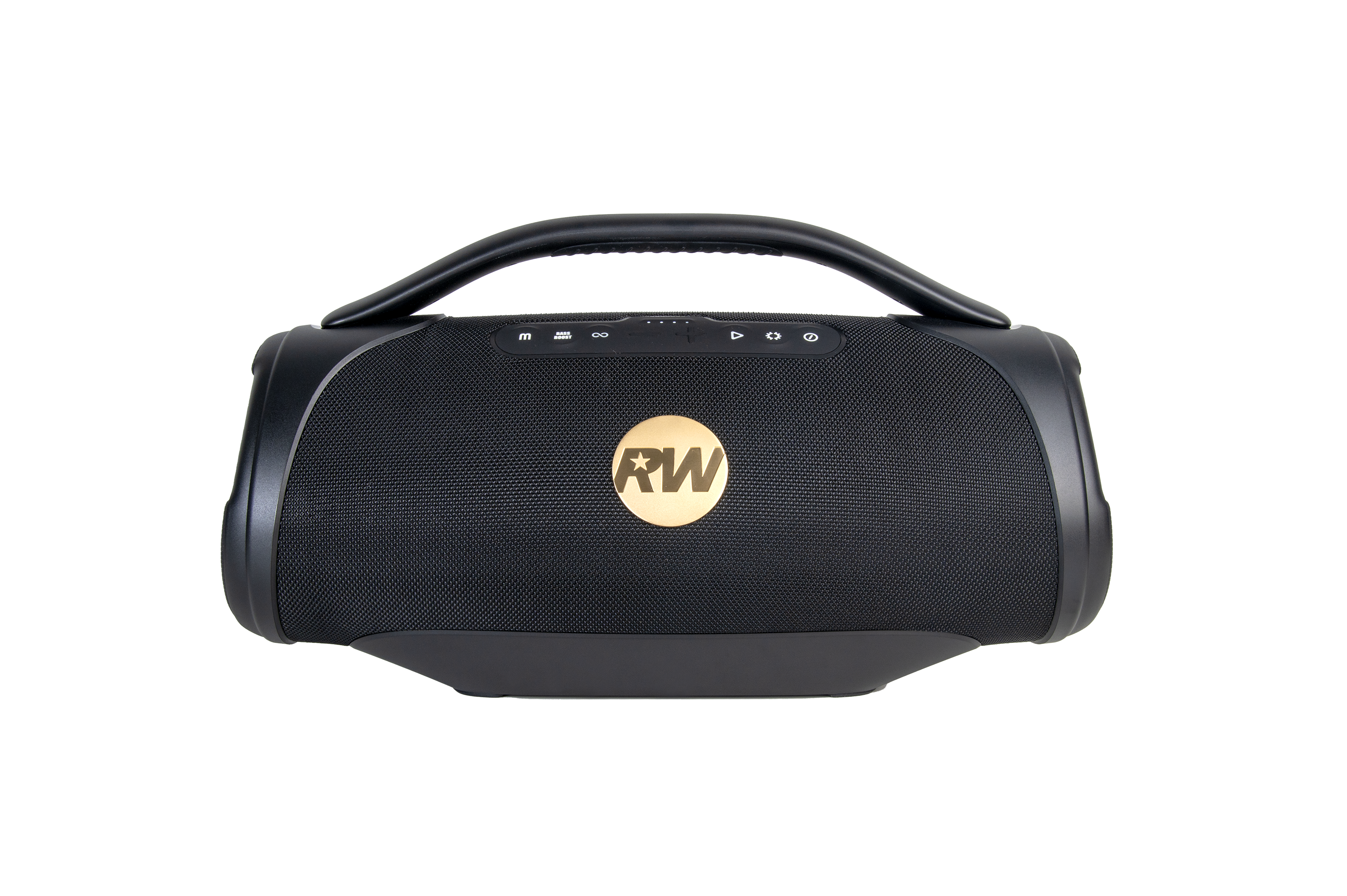Czarny głośnik z uchwytem, złotym logo. Przyciski na górze. Izolowany na czarnym tle.