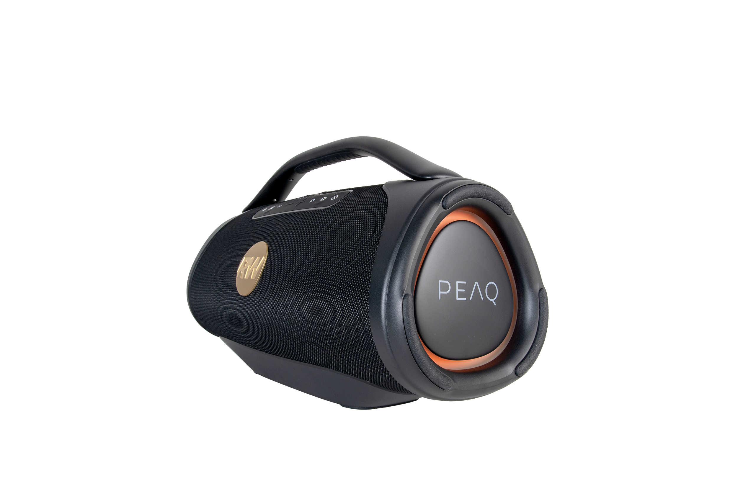 Czarny głośnik z uchwytem. Ma okrągły głośnik z napisem PEAQ. Uchwyt jest czarny.
