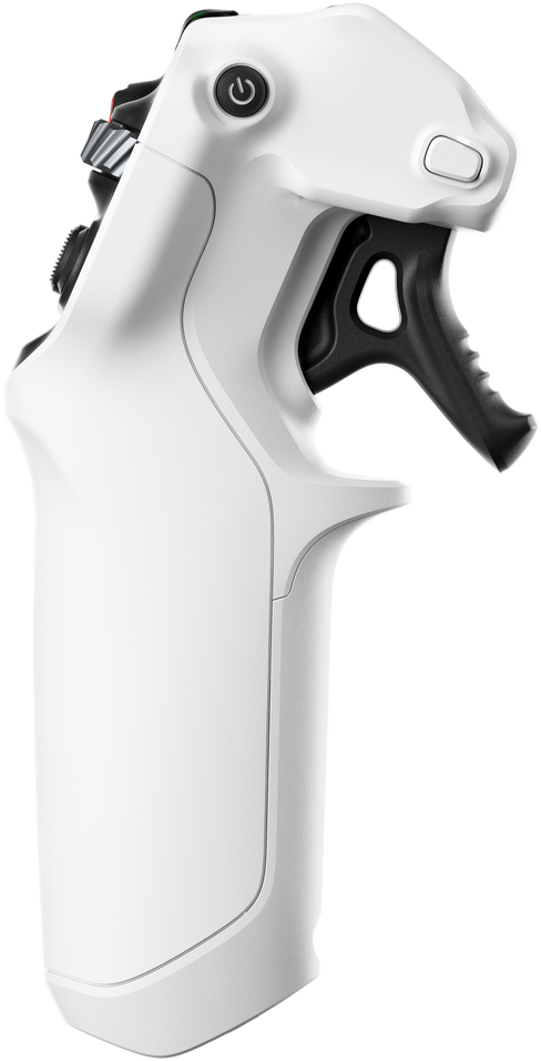 Un dispositivo bianco e nero, forse una pistola a spruzzo o un controller, con grilletto e pulsante di accensione. Sfondo nero.