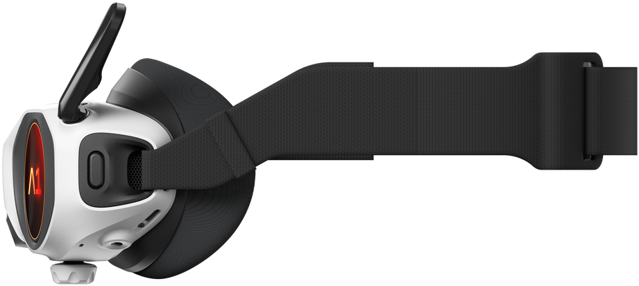 Un visore VR bianco e nero con display rosso. Ha un cinturino e un'antenna.
