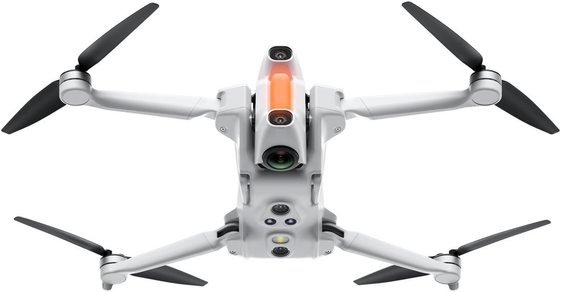 Un drone bianco con eliche nere. Ha più telecamere e una barra luminosa arancione in alto, su sfondo nero.