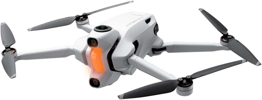 Drone bianco con quattro eliche nere. Ha una fotocamera e luci arancioni. Lo sfondo è nero.
